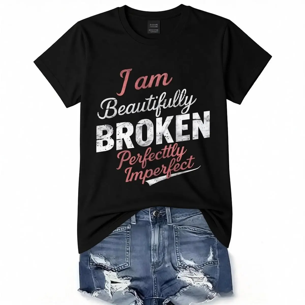 Men's 100% Pure Cotton Classic Crew Neck Short-Sleeve Basic T-Shirt - Printed Text "I Am Beautifully Broken, Perfectly Imperfect", Unisex Menswear Fashion Fit, Casual, Machine Washable, All-Season Golf Gift, Chic, Preppy, Graphic Art