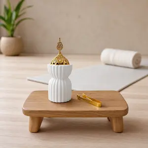 1 Pcs Minimal White Grooved Ceramic Incense Holder, Modern Ceramic Mabkhara Incense Burner, Detachable Openwork Golden Dome Cover With Tong,
