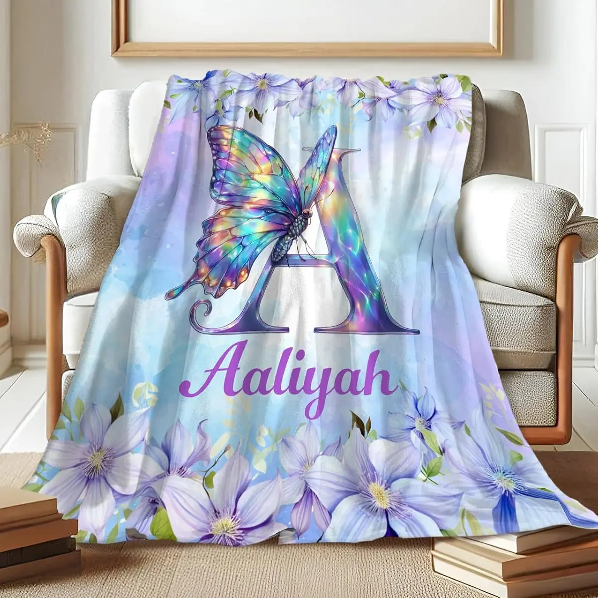 Dreamy Butterfly Initial Throw Blanket, Personalized Letter A Flannel Blanket, Soft Cozy Warm Cover, Custom Name Iridescent Design, Gift for Her Girl Daughter, Whimsical Bedroom Couch Decor ﻿
