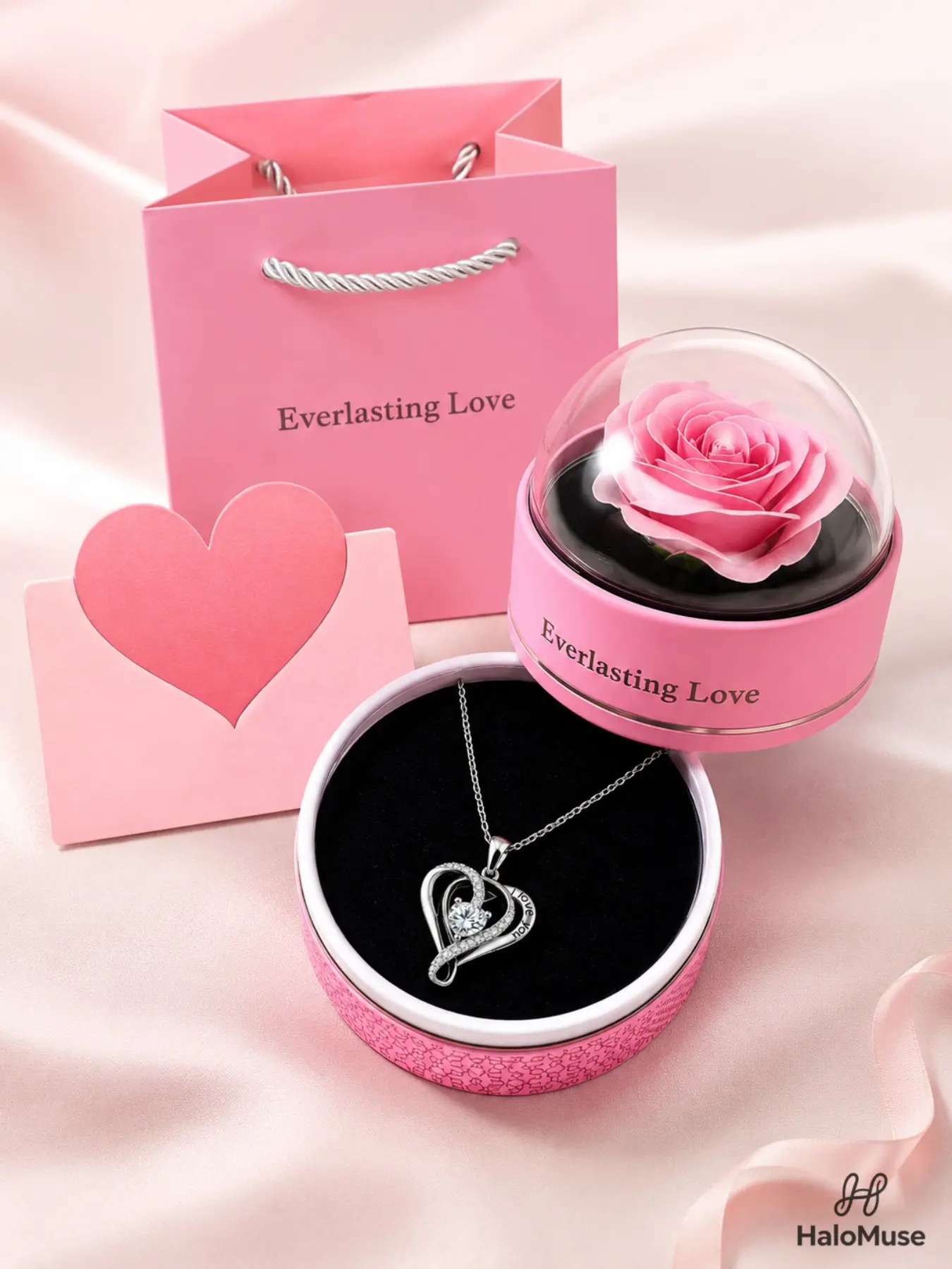 Halo Muse 1 Set I Love You Heart Necklace Gift Set, Elegantly Sparkling Double Heart Diamond Pendant with Pink Rose Gift Box and Card for Mom, Wife or Girlfriend, Birthday, Anniversary and Holiday Gifts