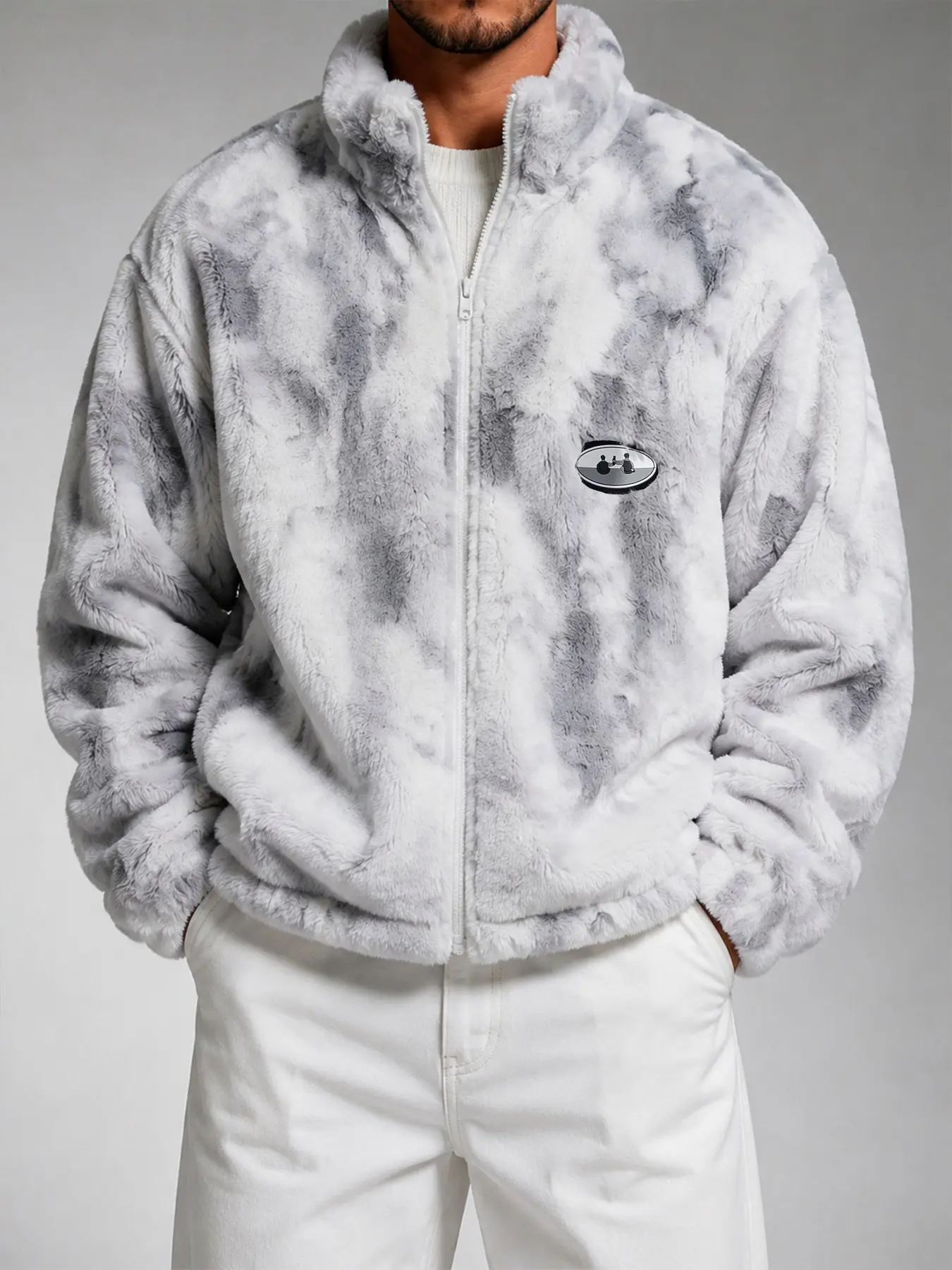 Men's Tie Dye Fuzzy Fleece Zip Up Coat, Stand Collar Plush Sherpa Coat, Badge Detail Streetwear, Warm Outerwear for Men