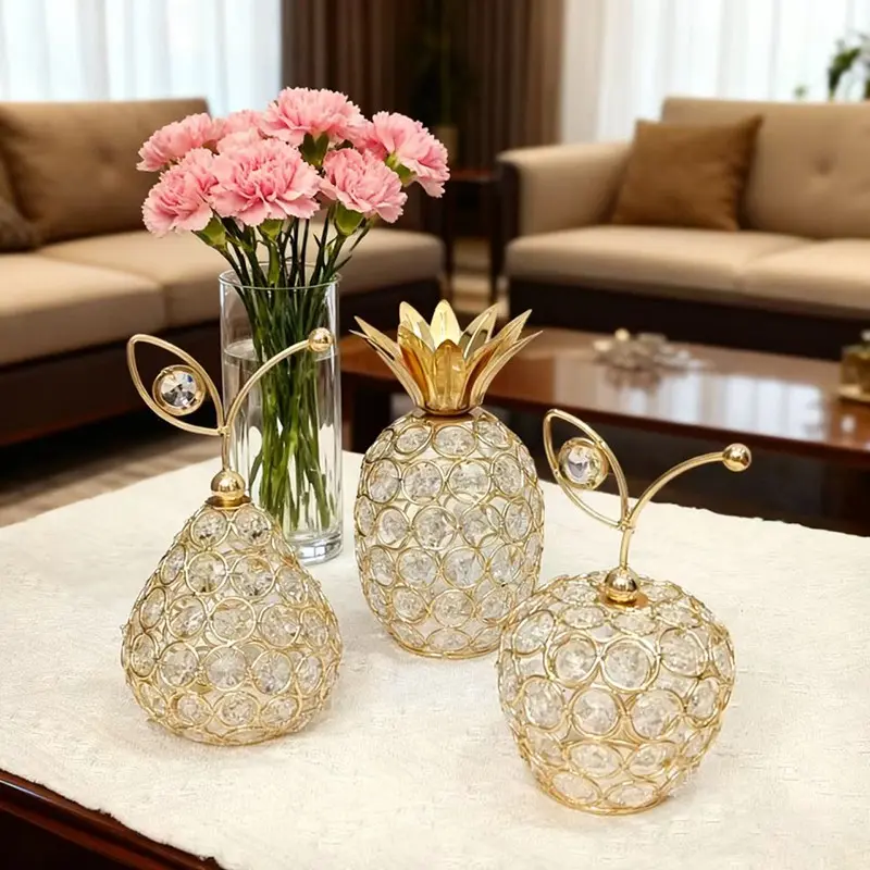 3 Piece Crystal and Metal Ornament Set, Decor Ornaments, Elegant Apple Pear Pineapple Desk Decor, Classic Style for Home Decoration, Holiday Gifts