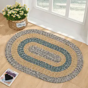 2'x3' Oval Braided Entryway Rug,  Kitchen and Floor Mat for Indoor/Outdoor Use, Door Mat with Anti-Slip Pads for High Traffic Areas Without Rubber Rope Rug, , Grey, Teal