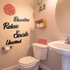 4 Pcs Black Bathroom Wall Decor Wooden Wall Signs Breathe Relax Soak Unwind Plaque Set Bathroom Aesthetic Quote Art Fresh Farmhouse Hollow Shower Wash Changing Room (Text, Black)