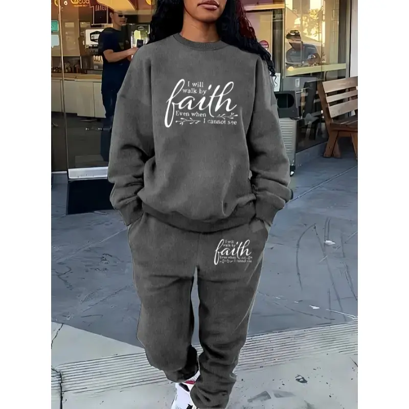 Letter Print Two Piece Set, Crew Neck Sweatshirt & Pants, Women's Clothing Fabric Fit 2 piece sets women two piece outfits matching sets women Sleeve 2 piece sets women sets women  sets women Womenswear Suits Casual Crewneck Polyester Gamis White Win