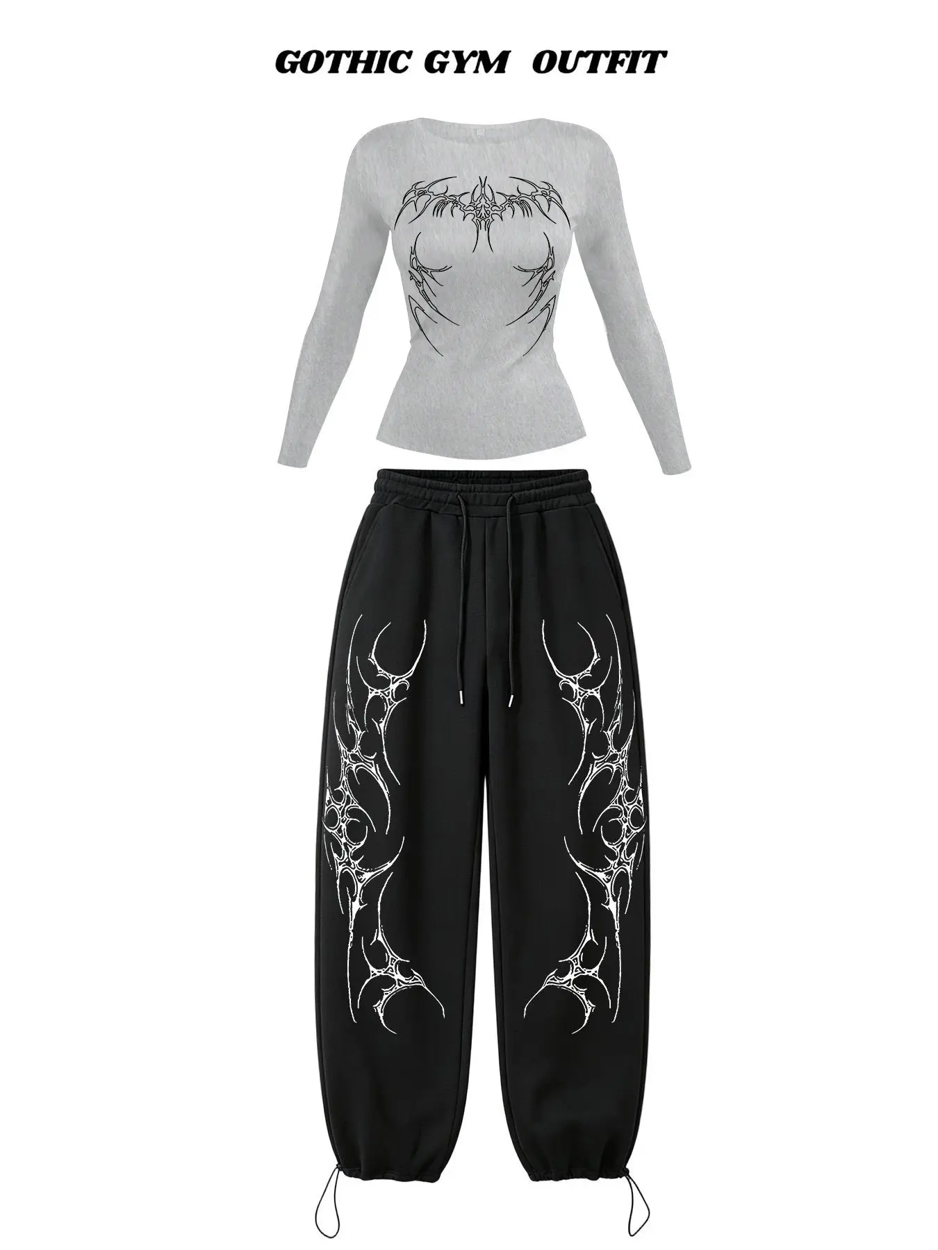 Women's Gothic Casual Sports Set, Slim Fit Round Neck Top + Drawstring Cargo Pants, Punk Style, Ideal for Daily Wear & Leisure Activities