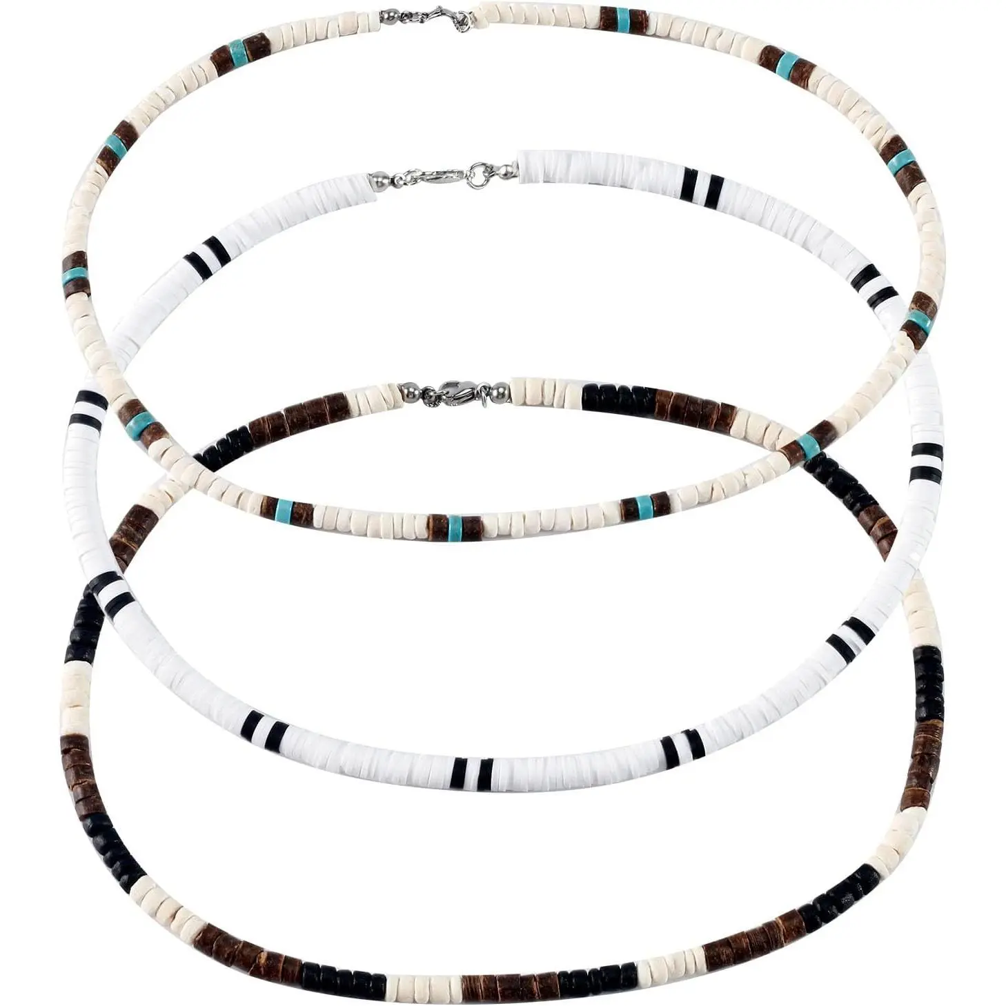 3 count Puka Shell Necklace for Men, Men's Surfer Necklace, Brown Coconut Shell Beaded Necklace for Men, Beach Necklace for Women and Men, Hawaiian Necklace for Men Women, Mens Choker Necklace