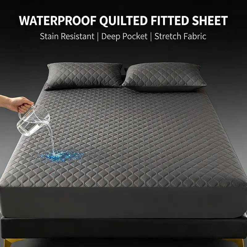 Waterproof Diamond Quilted Fitted Sheet, Stain Repellent Stretch Mattress Cover with Deep Pocket All-Around Elastic Band, Soft Breathable Protective Bed Linen for Bedroom