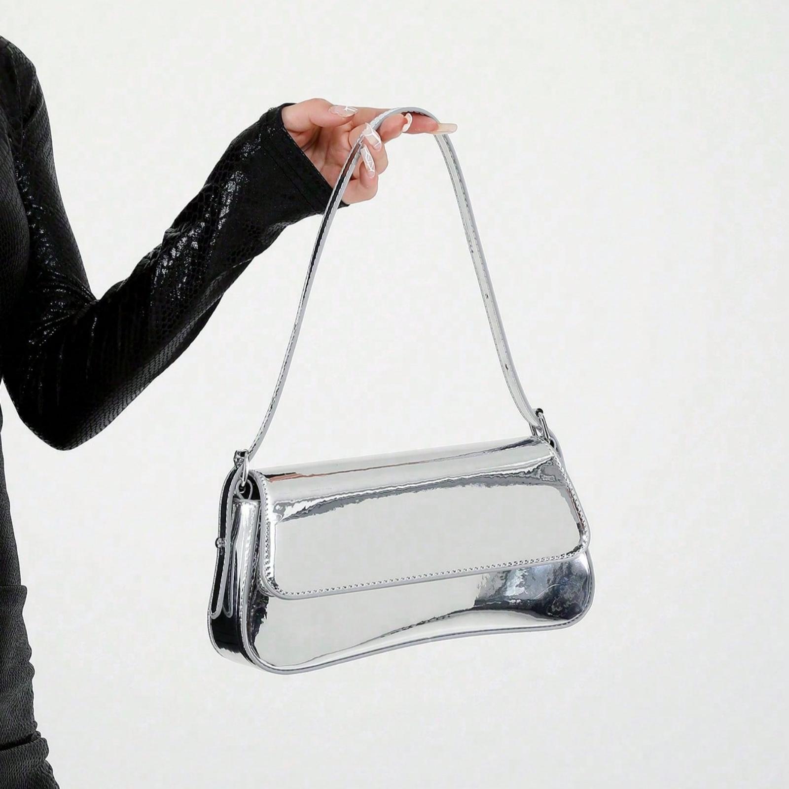 New Solid Color PU Material Shoulder Bag, Texture Luxury Style Crossbody Bright Evening Clutch Bag with  Fashionable and Unique Short Arc Design Equipped With Vest Buckle Handbag Work Bag Dinner Bag Handbag Suitable for Woman