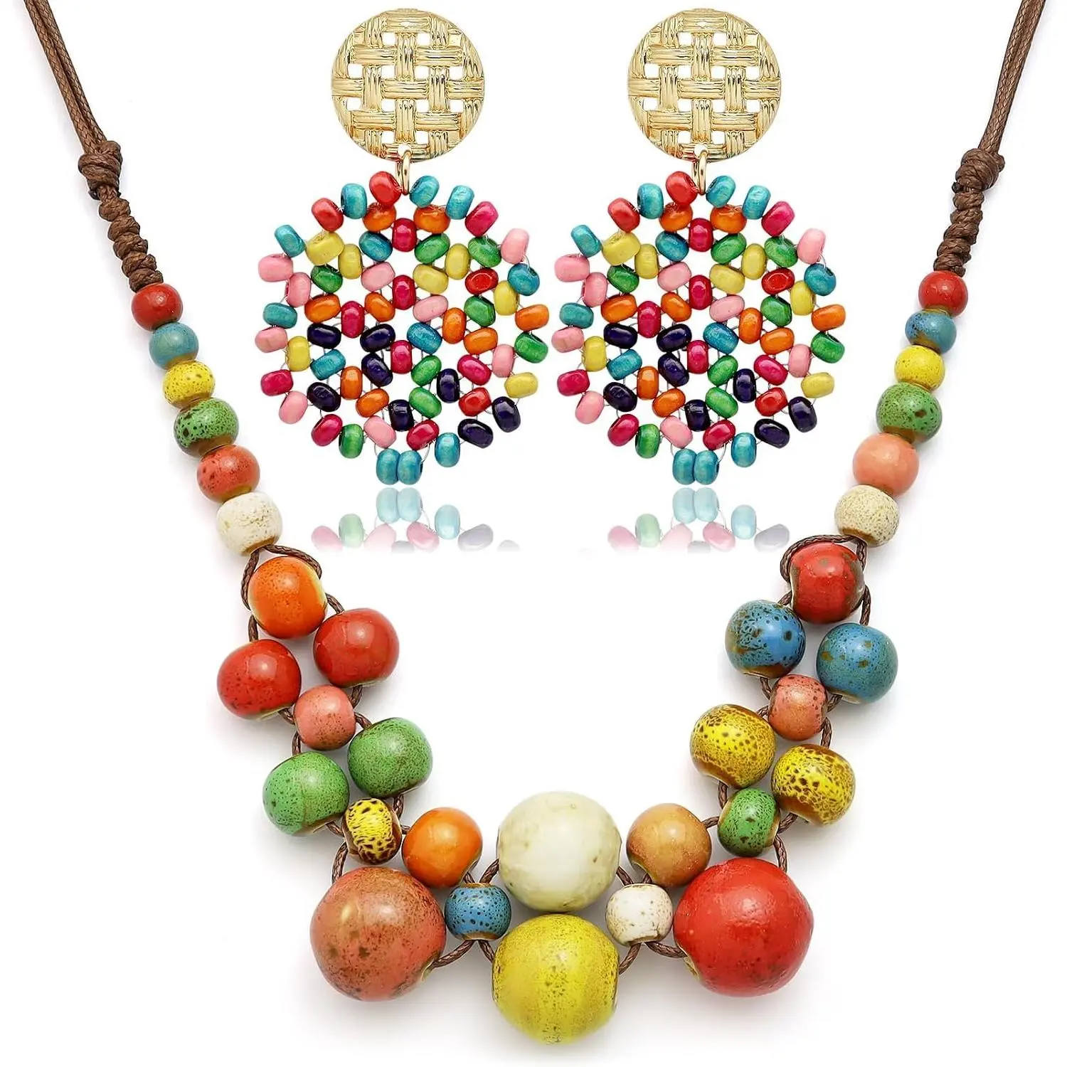 2 count Hippie Boho Colorful Ceramic Beaded Necklace and Earrings Set for Women Adjustable Chunky Round Beads Strand Statement Necklace Colorful Summer Beaded Earrings Bohemian