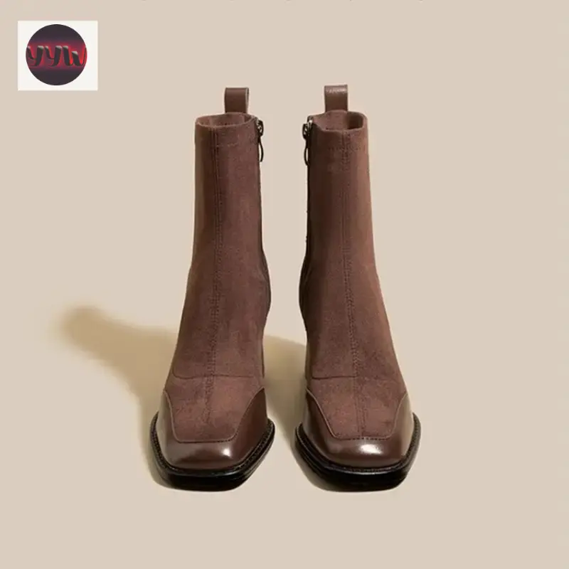 YYW1 Women's Retro Square Toe Chunky Heel Ankle Boots, Brown Fall Winter Casual Wear Footwear with Side Zipper, Fabric & Rubber Sole