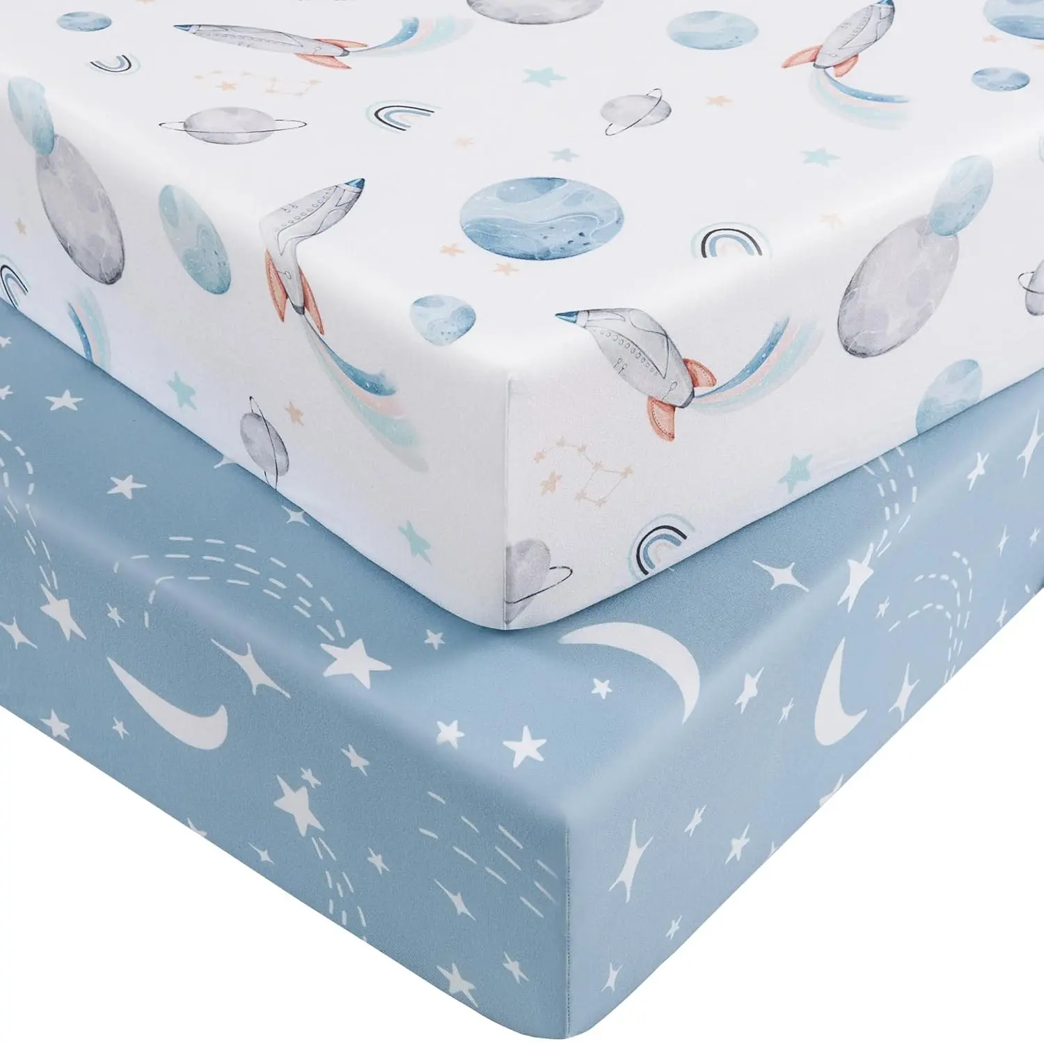 Baby Crib Sheets for Boys and Girls Fitted Crib Sheets 52" x 28" Soft Breathable Microfiber Sheets for Standard Crib and Toddler Mattress 2-Pack Blue Rocket