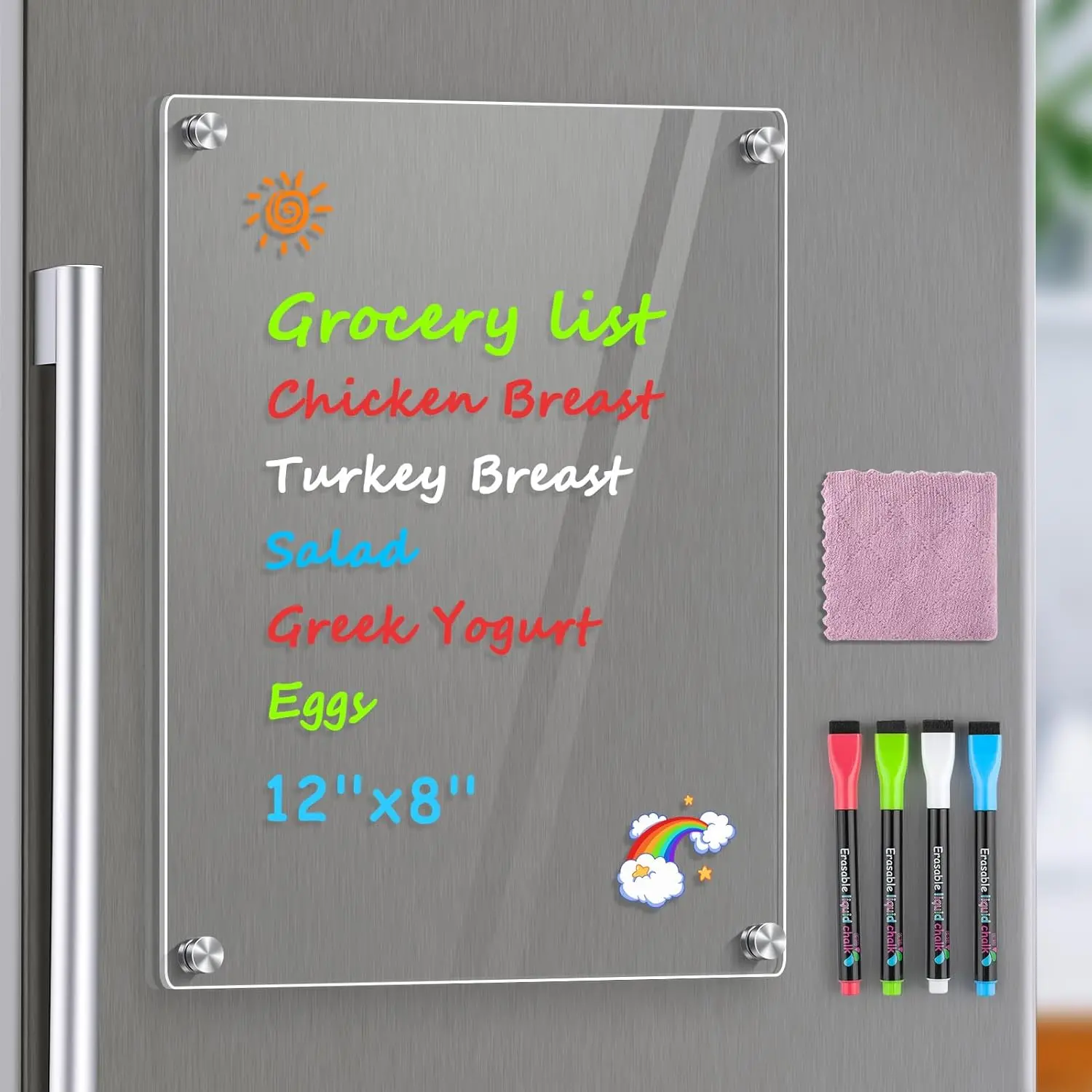 Acrylic Magnetic Whiteboard for Fridge, 12 x 8 Inch Dry Erase Board| Durable Acrylic Material, Powerful Magnets, Smooth Writing and Easy Cleaning for Grocery Lists, Meal Plans, and Reminders
