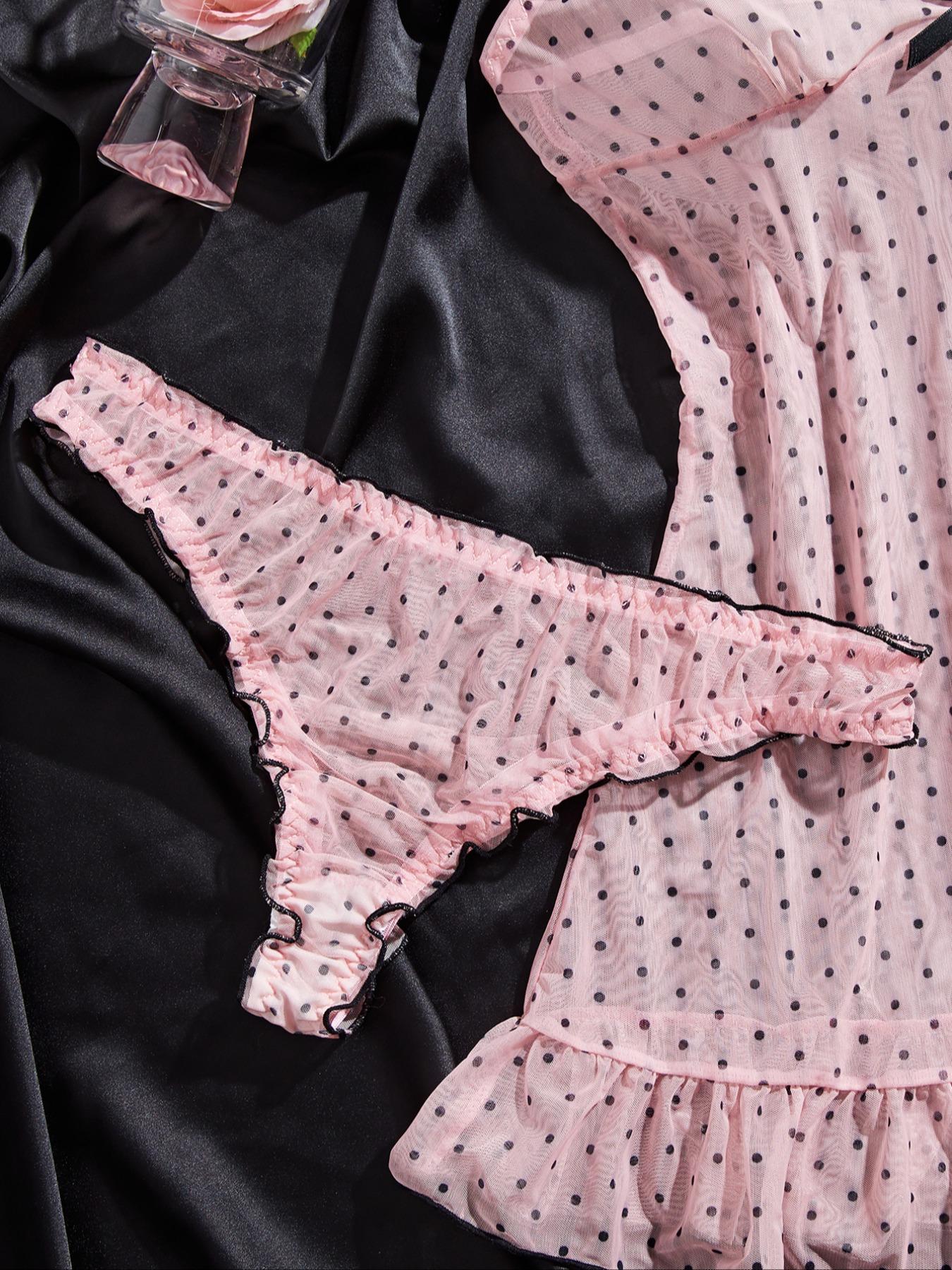 Women's Polka Dot Sheer Mesh Sleepwear Set, Elegant Ruffle Hem Nightgown with Bow Front Decor, Comfortable All-Season Pajamas