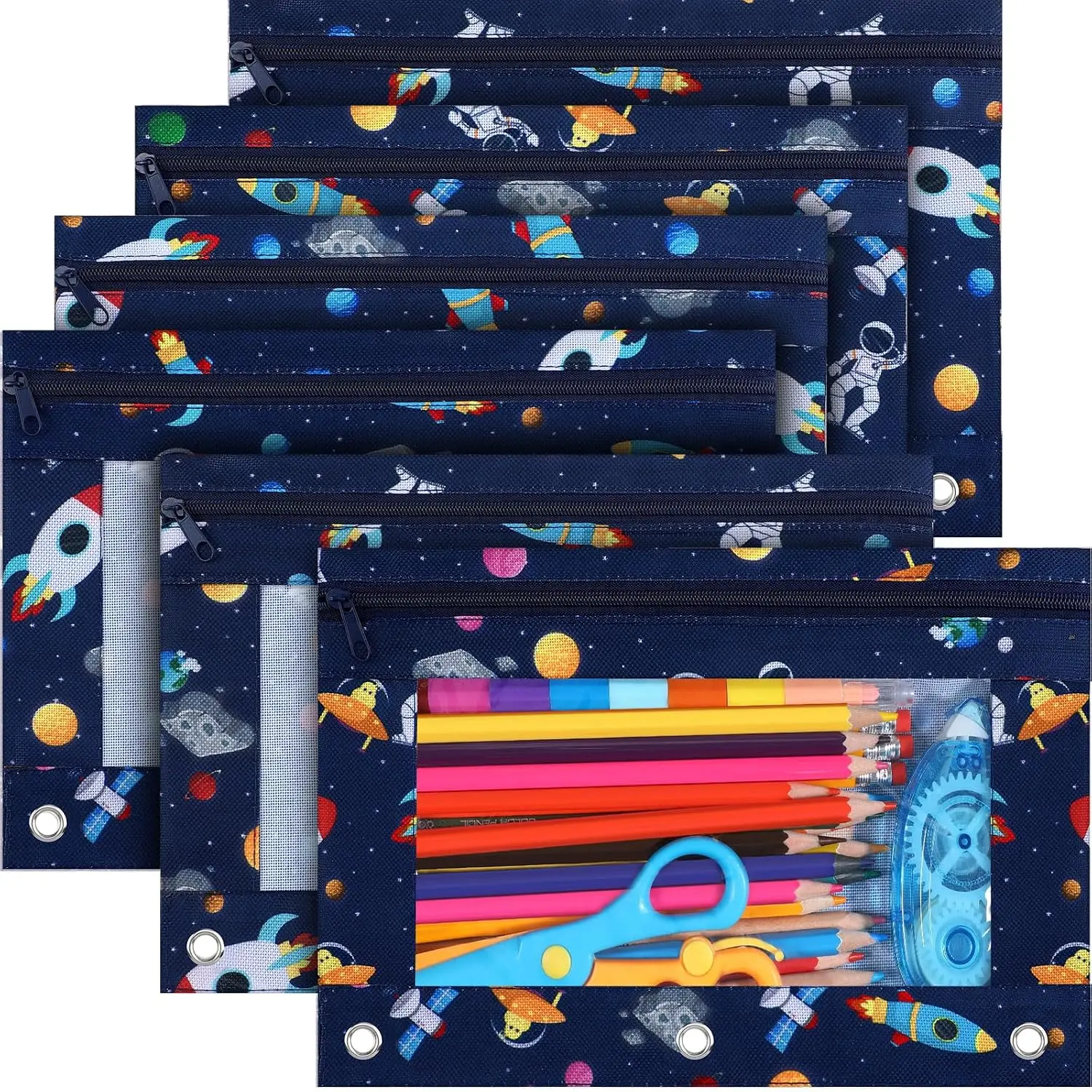 6 Pack Pencil Pouch for 3 Ring Binder Smooth Zipper 3 Ring Binder Pencil Pouches Reinforced Grommets Pen Cases Pen Bags with Clear Window Teacher Appreciation (Astronaut)