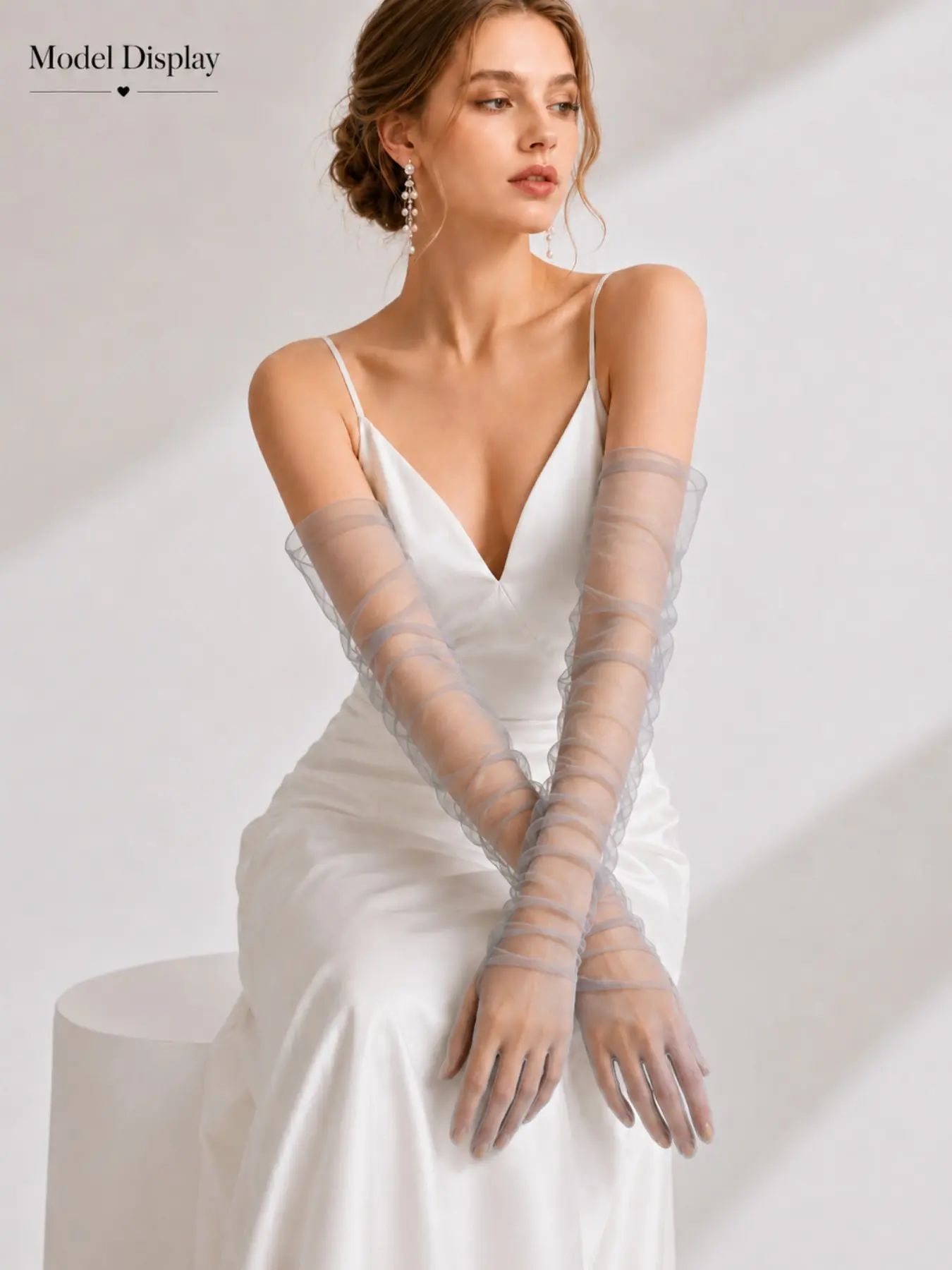 Sheer Tulle Gloves, Long Lightweight Elegant Versatile Bridal Opera Gloves, Romantic Ruched Mesh Formal Gloves for Wedding Ceremony, Engagement & Bridal Shower