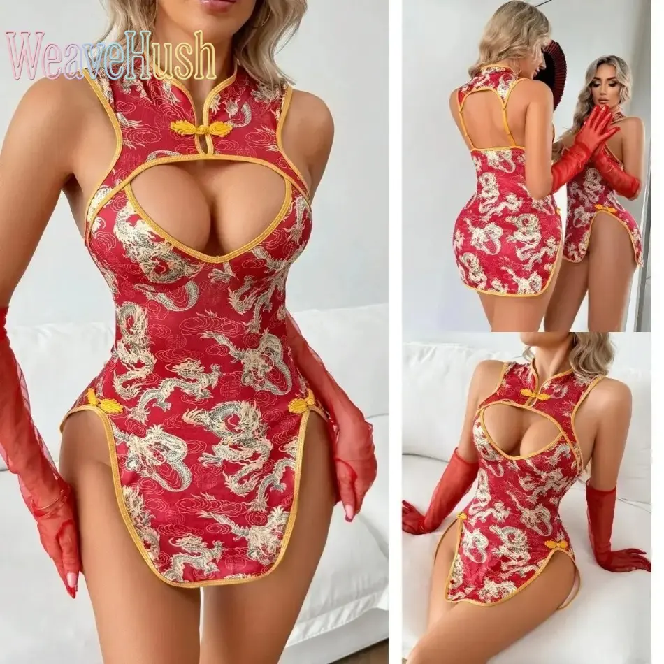 Women’s Dragon Print Cheongsam Inspired Mini Dress, Vintage Asian Qipao Style Sleeveless High Slit Bodycon Outfit, Slim Fit Trendy Apparel for Night Out, Club, Festival & Party Occasions