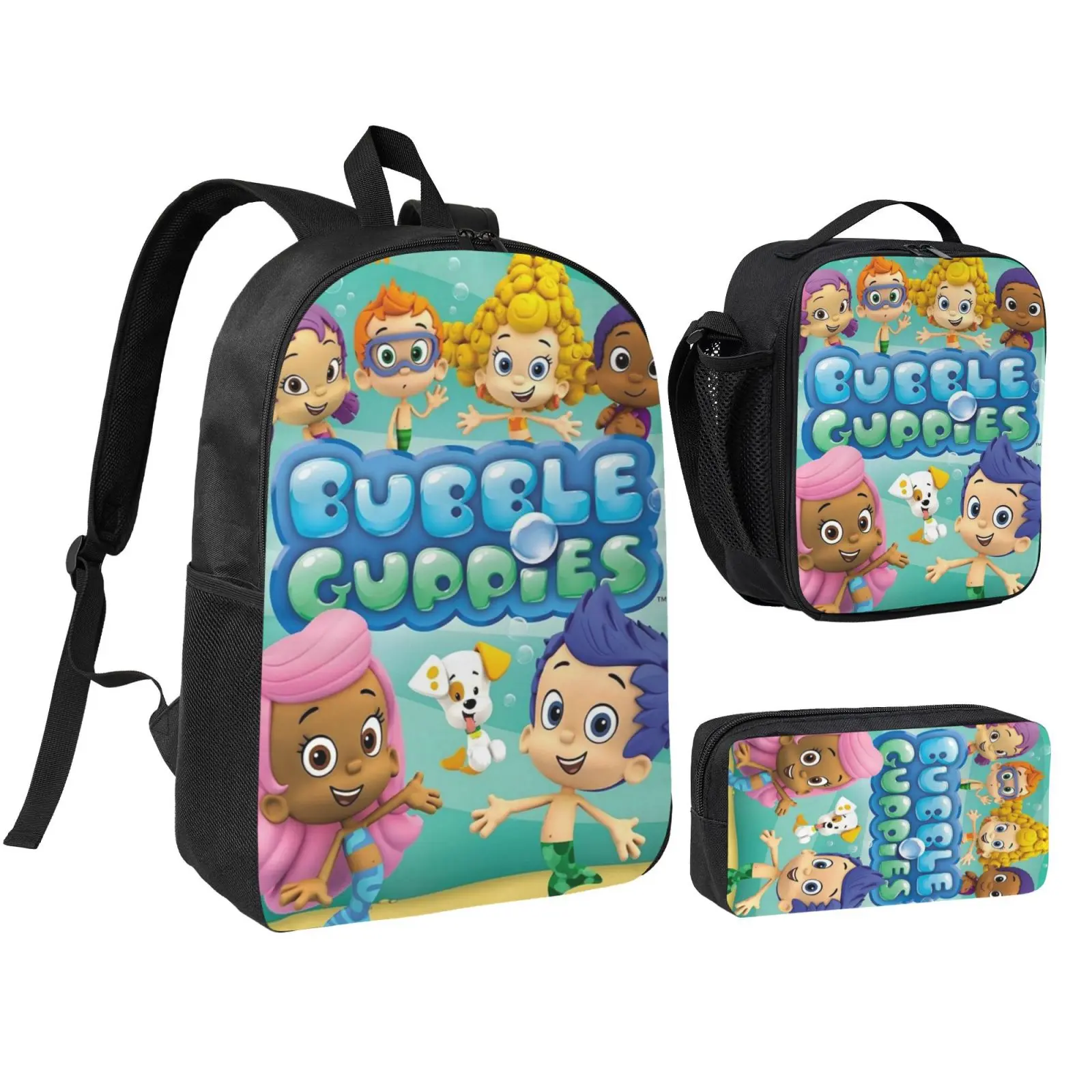 Anime Bubble Guppies backpack with lunch bag pencil box for Teen Girls Boys, 3pcs kids school bag with adjustable straps, office travel bag Bookbag lunchbox