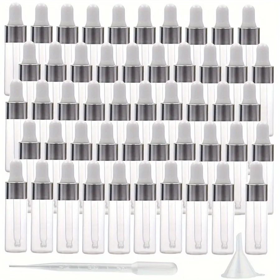 5ml Clear Glass Dropper Bottles, 50pcs Mini Essential Oil Vials with Silvery Eye Dropper, Refillable DIY Cosmetic Containers for Liquid Perfume and Lotion Samples, Dropper Bottles for Oils, Empty, Sample Bottles
