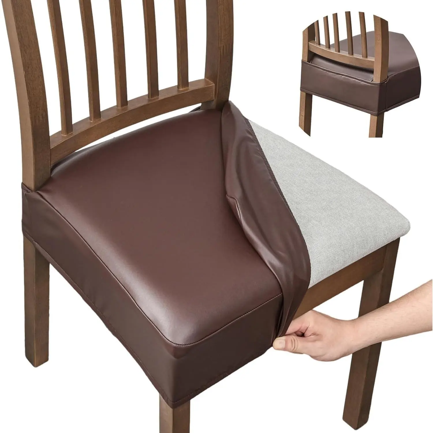 Dining Chair Covers Set of 4, Waterproof PU Stretch Chair Seat Slipcovers Soft Removable Washable Chair Covers, Chair Seat Covers Protectors Dining Room, Pu-Coffce
