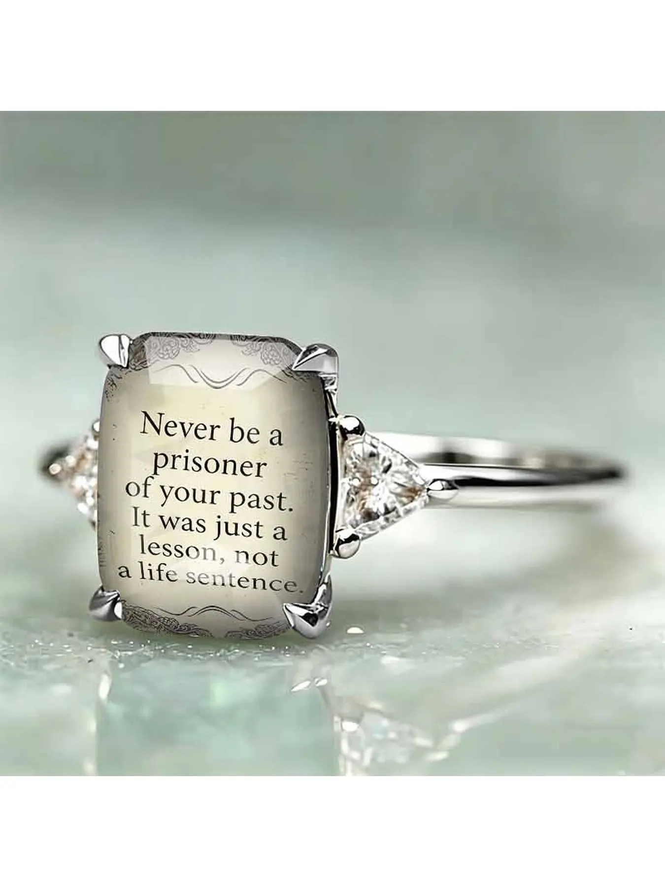 Motivational English Quotes Colored Print Silver Ring, Healing Textured Triangular Diamond Ring