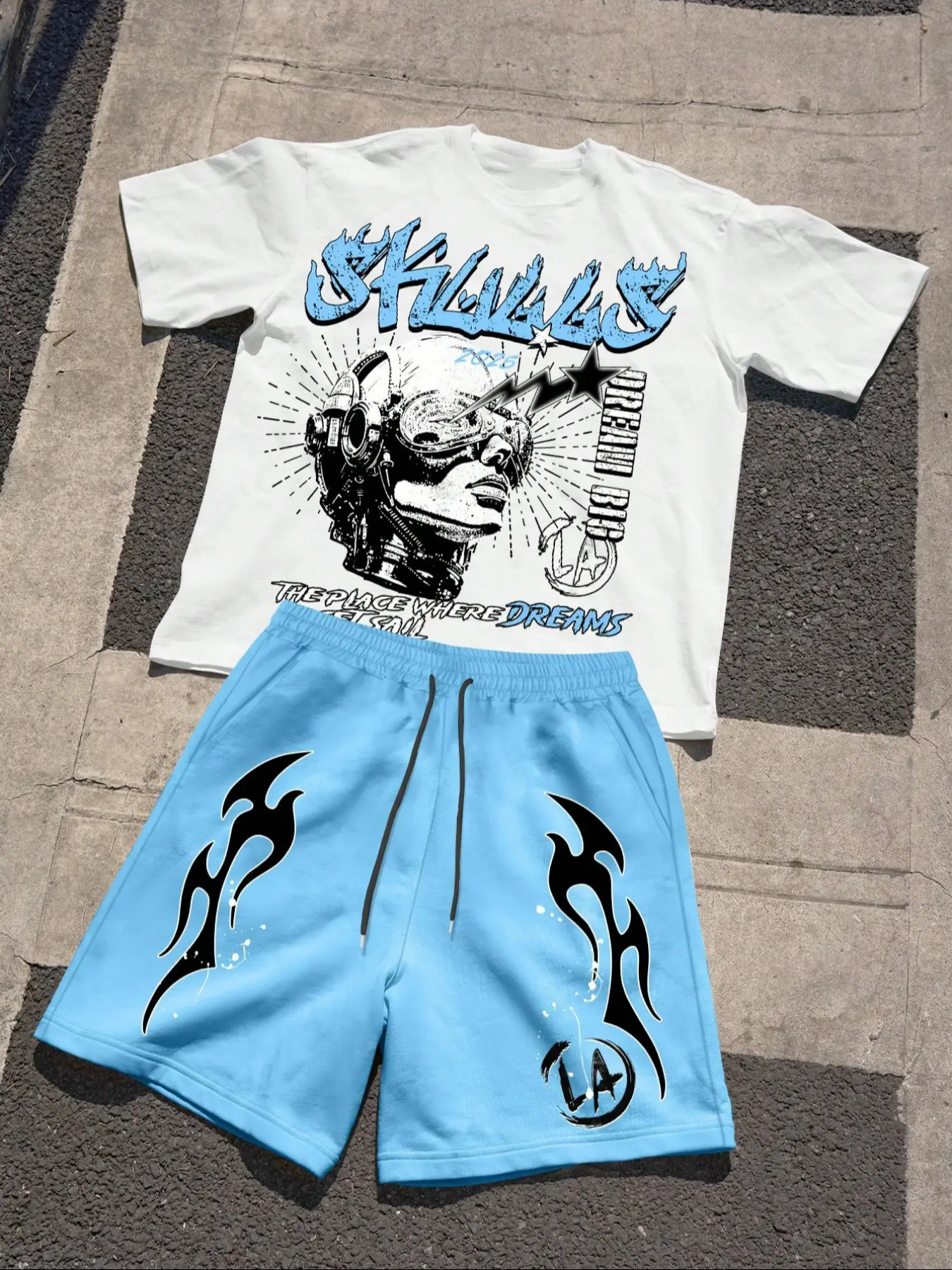 Men's Fashion Casual Two-Piece Set, Robot Woman Print Round Neck Short Sleeve T-Shirt & Drawstring Shorts, Summer Streetwear