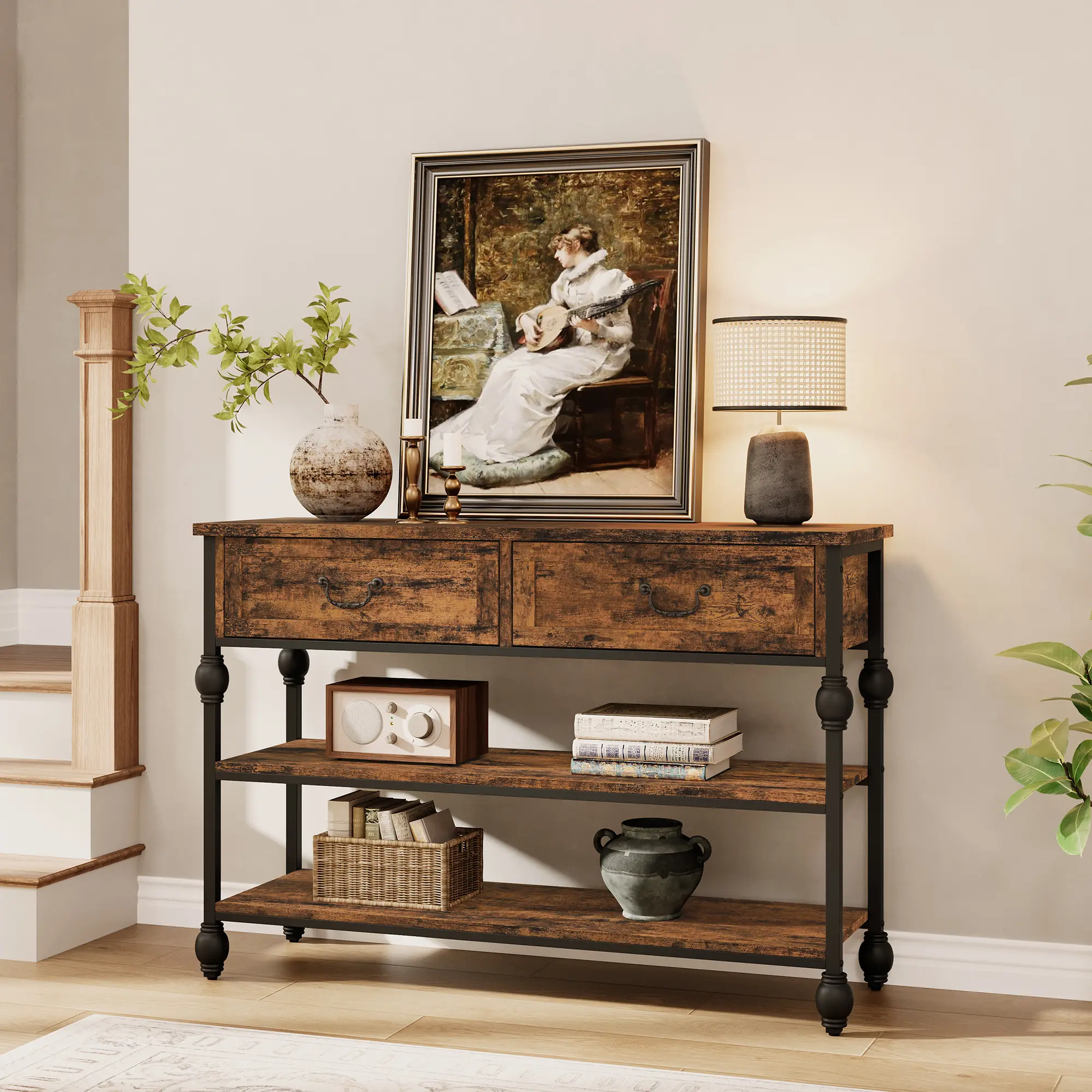 Entryway Console Table, 4 Tier Industrial Metal Sofa Table, Behind Couch Table, Farmhouse Hallway Table for Entry, Living Room, Kitchen, and Dining Room