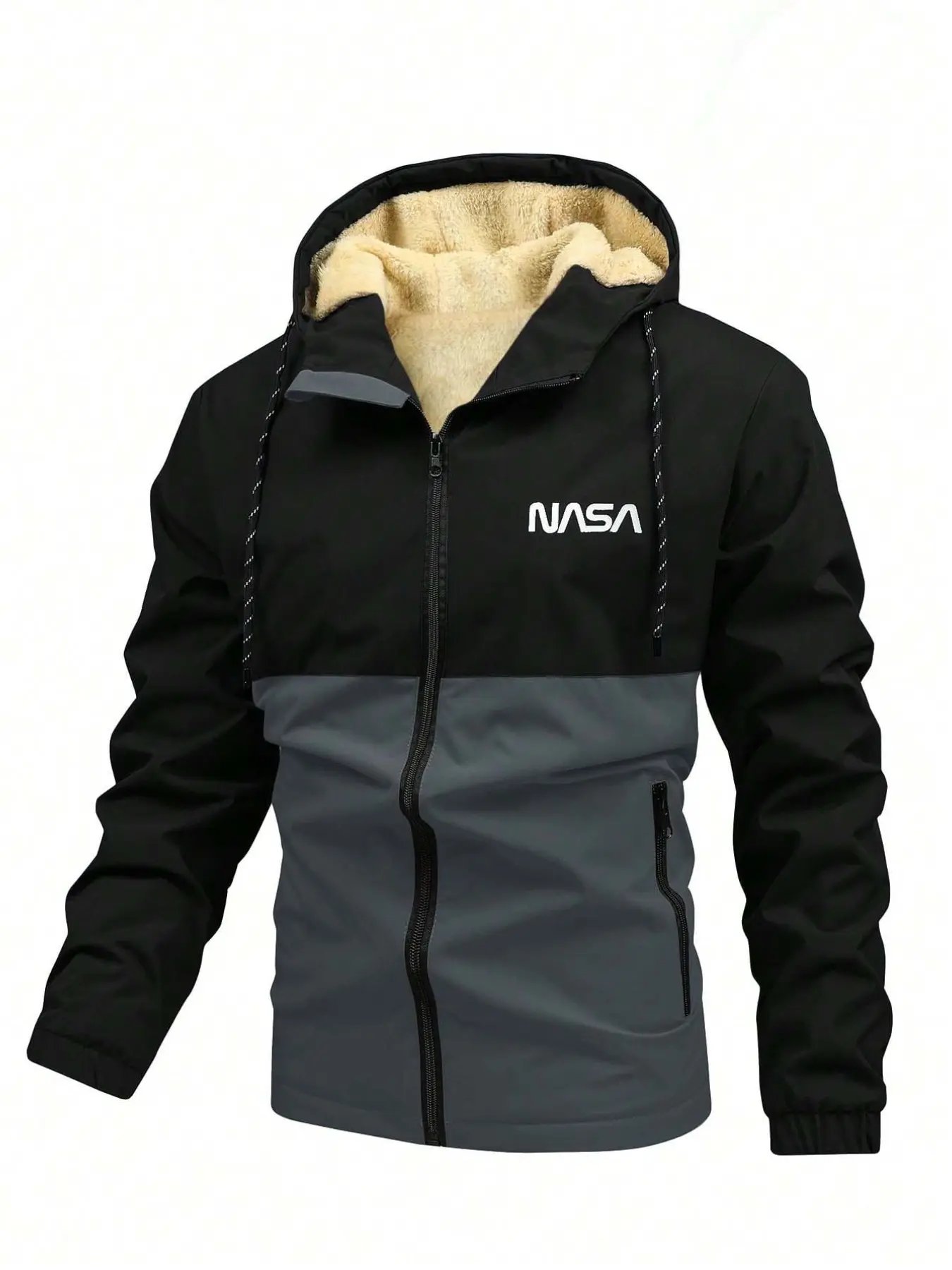 Men's Fall Winter Fleece Lined Hooded Jacket, Colorblock Nasa Print, Outdoor Warm Casual Coat, Unisex Daily Wear