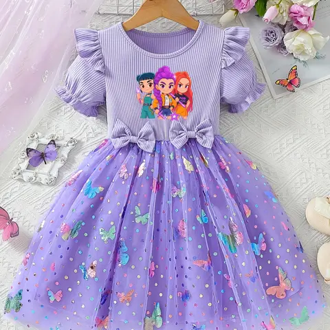 Girls' Mesh Round Neck Short Sleeve Princess Dress, Little Girl Dress, Birthday Gift, Birthday Clothes, Casual Daily Wear & Party, Comfortable Summer Choice