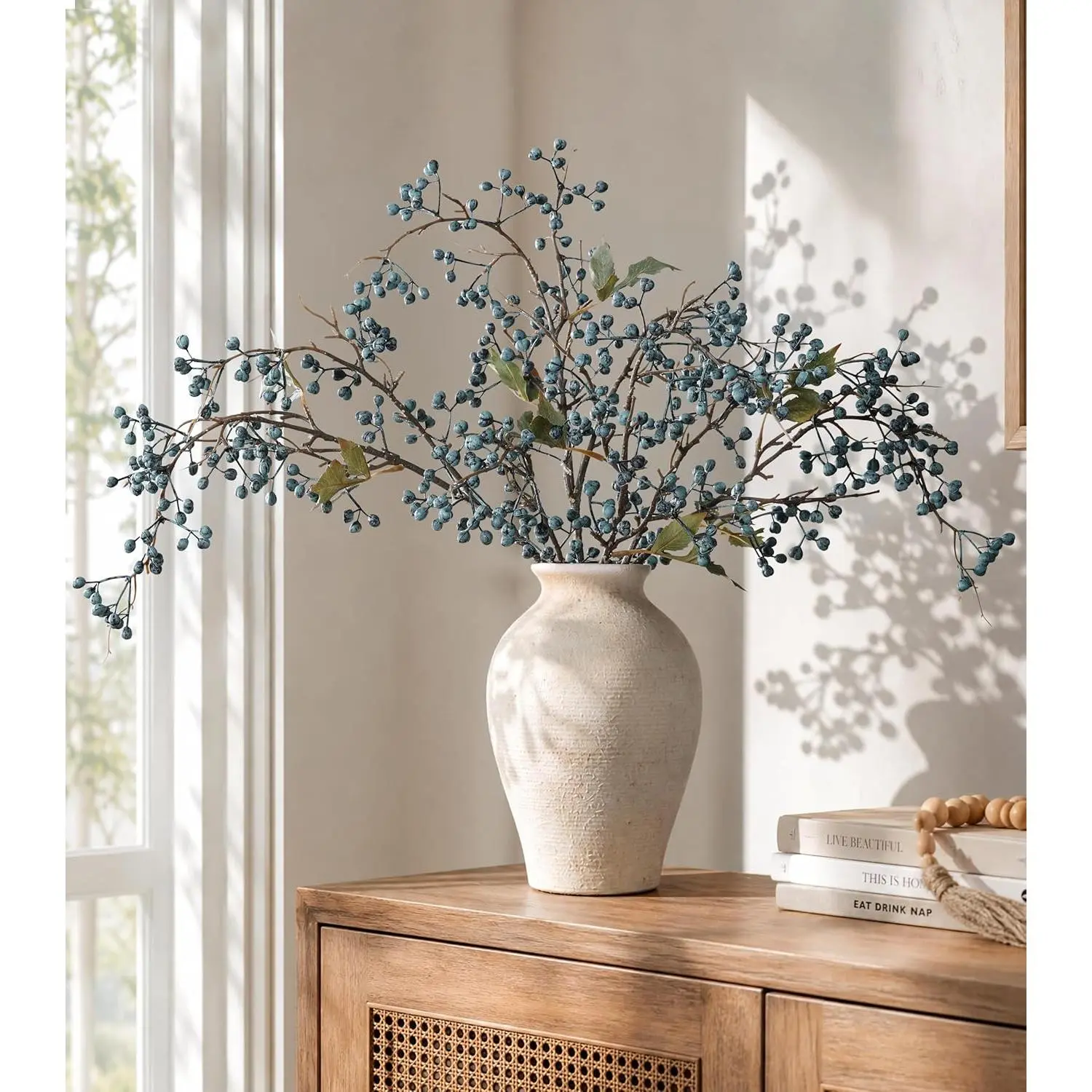 HyeFlora 4 Pcs Artificial Blueberry Stems, 32 Inch Faux Berry Stems with Leaves, Fake Blueberries for Wedding Party Crafts Holiday Home Vase Decor, Dual Blue Rose