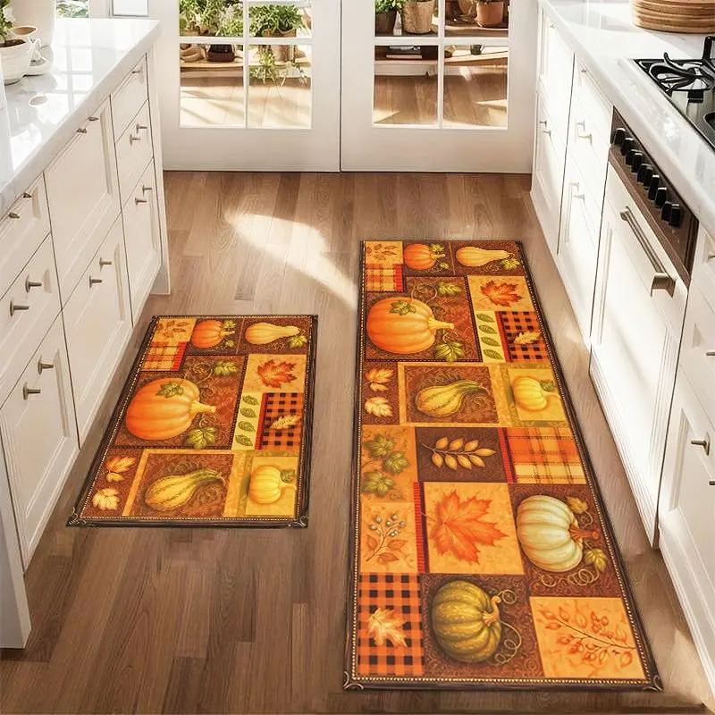 2Pcs Autumn Orange Pumpkin And Maple Leaf Floor Mat Set, Suitable For Farmhouse Kitchen, Dining Room, Laundry Room, Decorative Carpet Mat, Farmhouse Area Rug