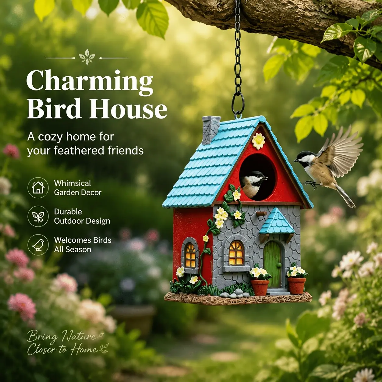Rustic Hanging Birdhouse Sculpture – Weatherproof Resin Bird Nesting Shelter with Ventilation Holes; Suitable for Summer Use, Garden Tree Decor, or as a Father's Day/Gardening Gift for Bird Lovers; No Electricity Required.