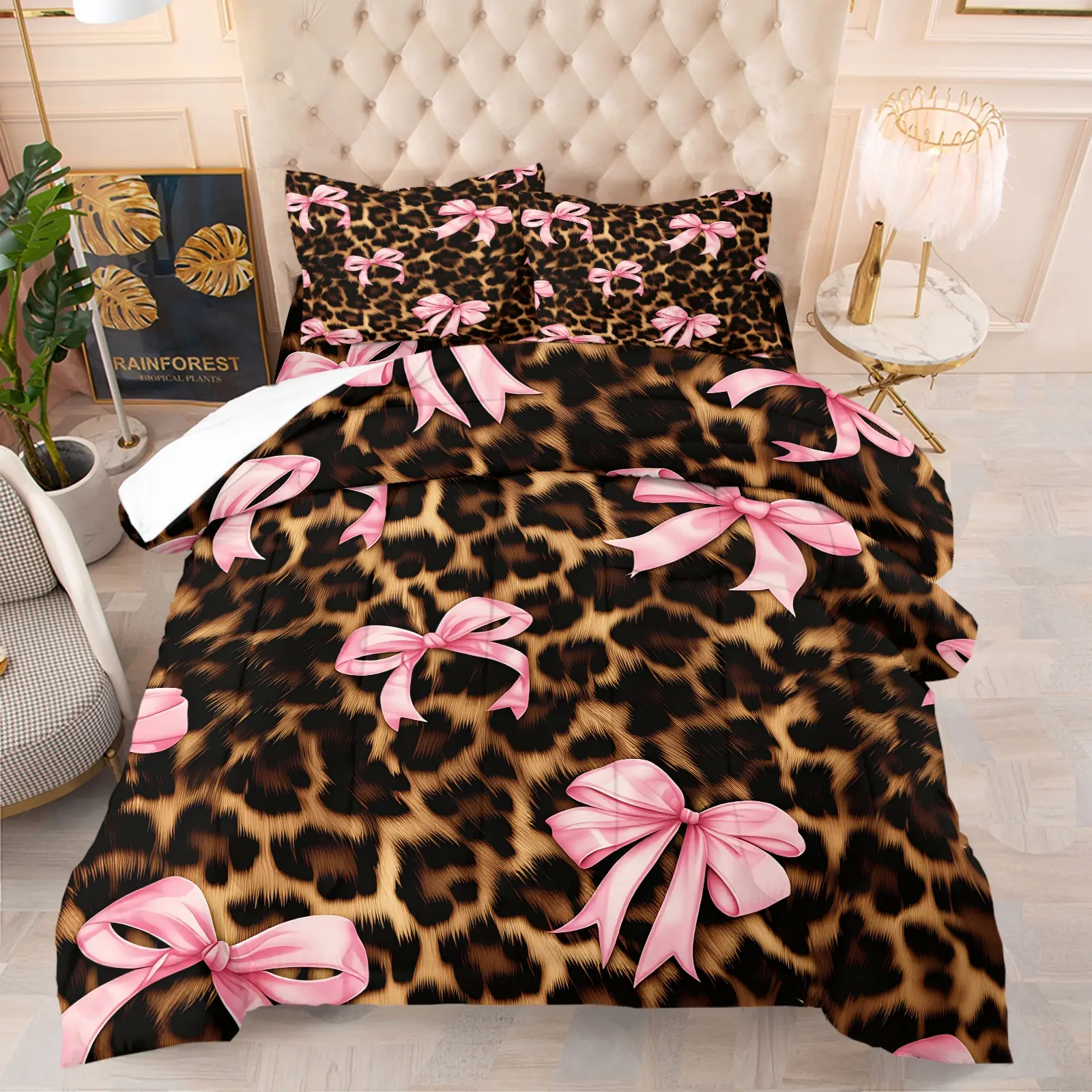 Classic Brown Leopard Pink Bow Print Comforter Set, Includes 1 or 2 Pillowcases, Y2K Coquette Sweet Spicy Bedding All Size, Natural Fur Cheetah Print Girls Bed Set, Machine Washable Soft, Dorm Guest Room Decoration