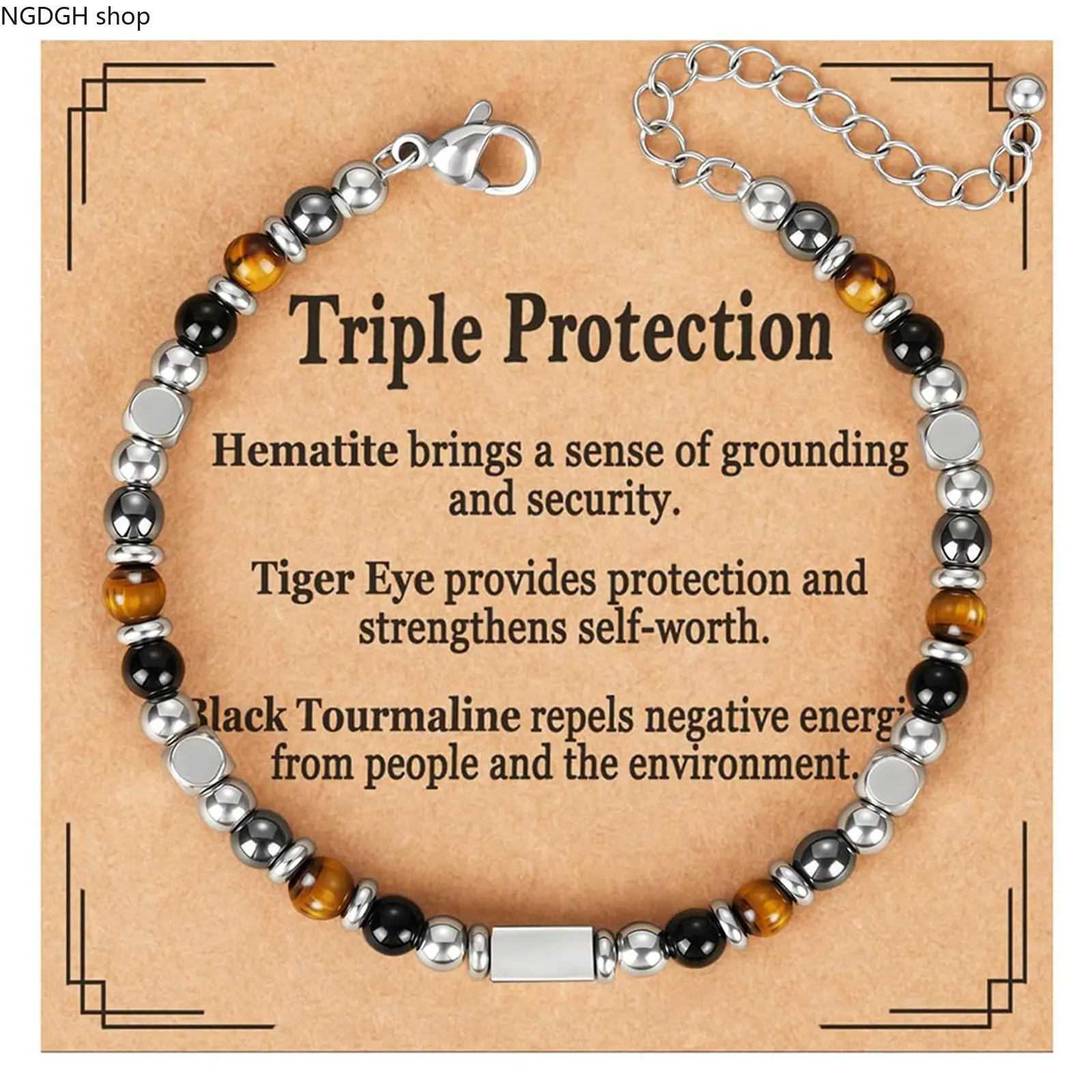 Crystal Bracelet with Black Tourmaline, Tiger Eye, & Hematite Beads for Adults | Triple Protection Stone for Meditation, Crystals Bracelets, Healing Crystal Bracelet