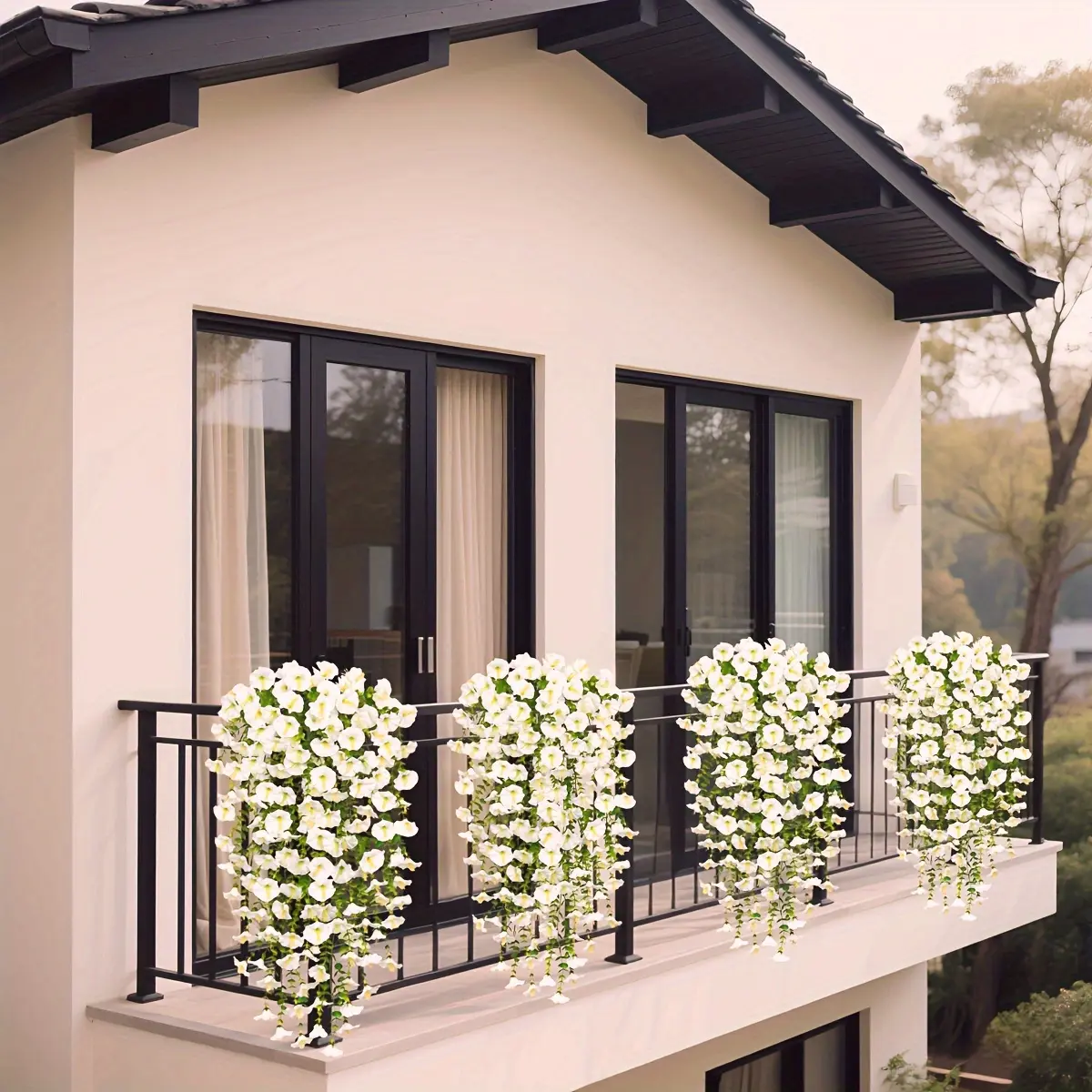 6 bunches of weathering plastic simulated lilies - white morning light with green leaves, suitable for weddings, homes, balconies, low maintenance indoor and outdoor decoration, elegant waterfall vine design, durable