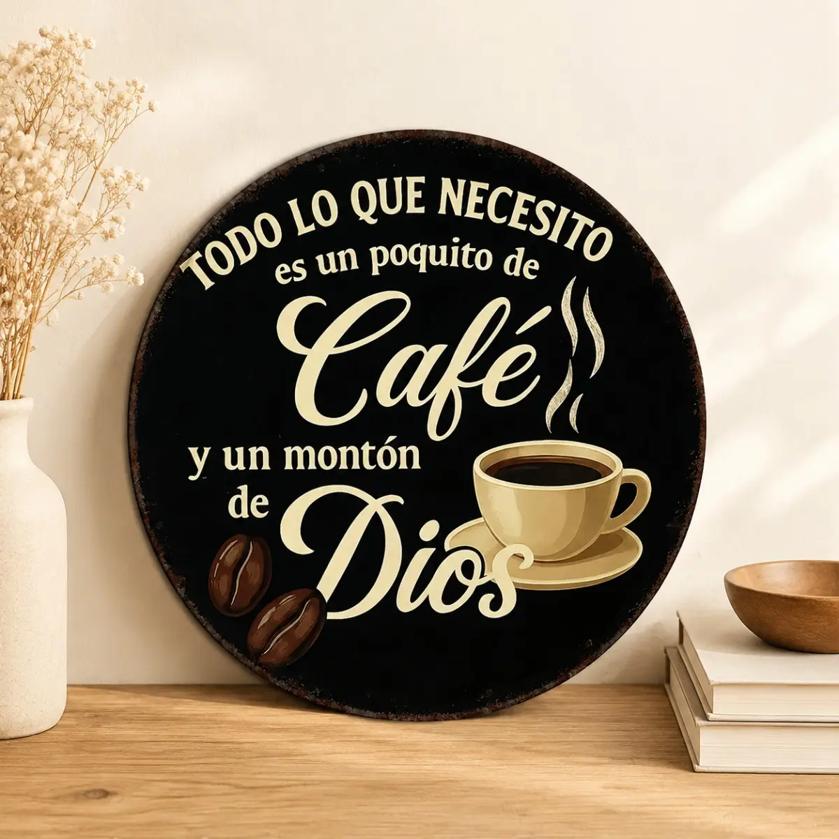 8X8/12X12 Inch Round Coffee Metal Sign, Spanish Cafe Wall Decor with Funny Coffee Quote, Rustic Style Tin Sign for Kitchen, Cafe, Bar, Restaurant, Home Decoration