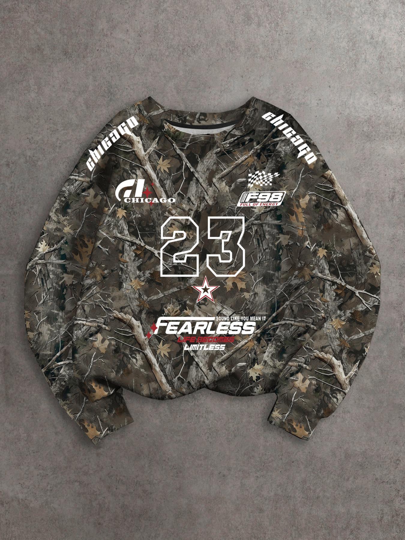 Unisex's All Over Plants Print Sweatshirt, Camouflage Streetwear, Regular Fit Casual Long Sleeve Round Neck Pullover for Fall & Winter, Unisex's Clothes for Daily Wear