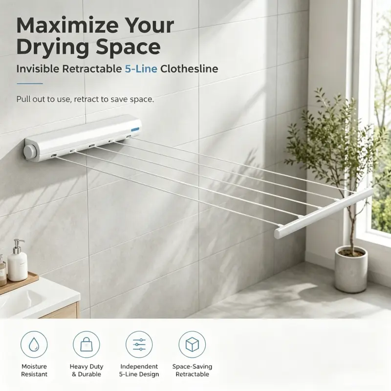 5 Wire Retractable Wall Clothes Line Hidden Design Pull Out Clothing Drying Rack Space Saving Moisture Proof Laundry Hanging Organizer Dry Rack for Clothes Laundry Room Accessories