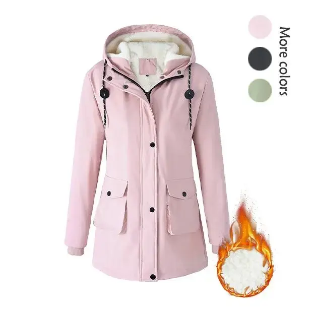women's autumn and winter thick coat tops, solid color long-sleeved jacket, zipper hooded windproof oversized coat, casual outdoor windbreaker, back drawstring, coat cardigan