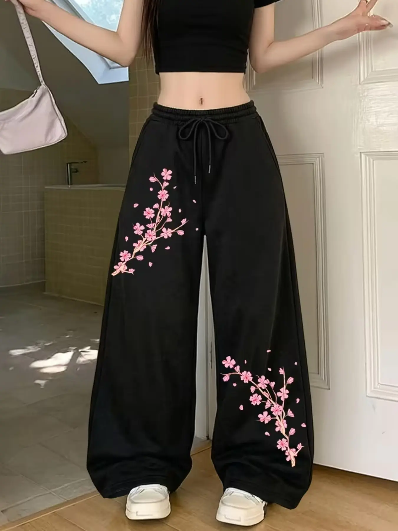 Women's Casual Sporty Long Pants, Cherry Blossom Print Sweatpants, Drawstring Loose Fit Wide Leg, All Season Women's Clothing