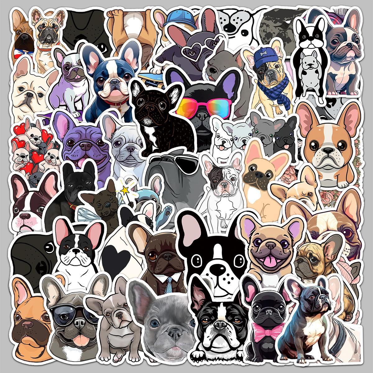 Cartoon French Dog Pattern Sticker, 50pcs Waterproof Self Adhesive Decor Paper, Decor Sticker for Gift Greeting Card Water Bottle Laptop Phone, Funny Stickers