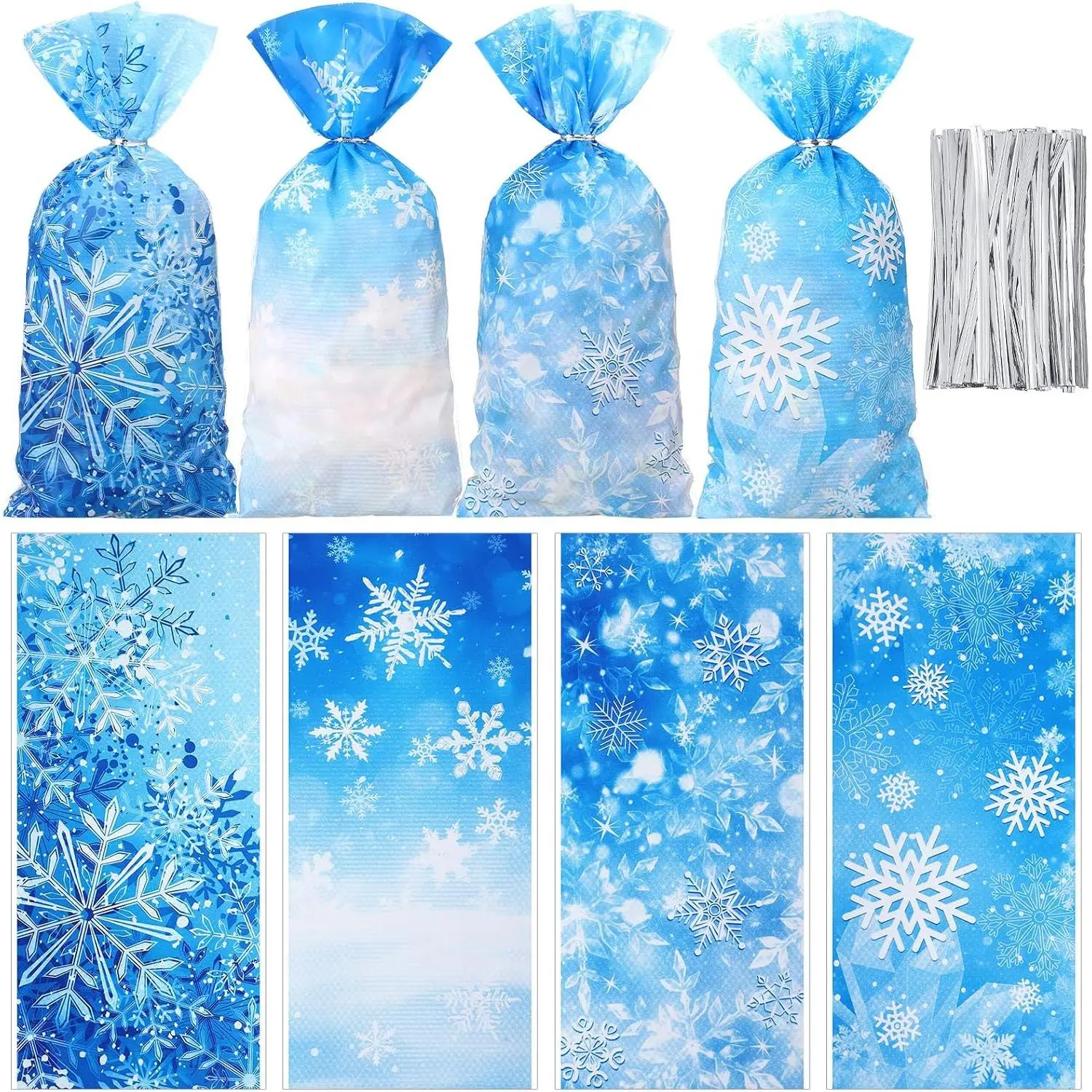 100 count Winter Snowflake Cellophane  Bags with Twist Ties 10.8 x 5 Inch Snowflake Princess Candy Cookie Snack Goodie Bags for Christmas Wonderland Birthday Party Supplies (Snow)