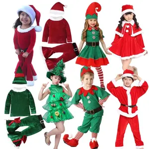 Girls Boys Green Elves Dress Christmas Costume New Year Frock Children Carnival Party Xmas Clothes Kids Christmas Outfit
