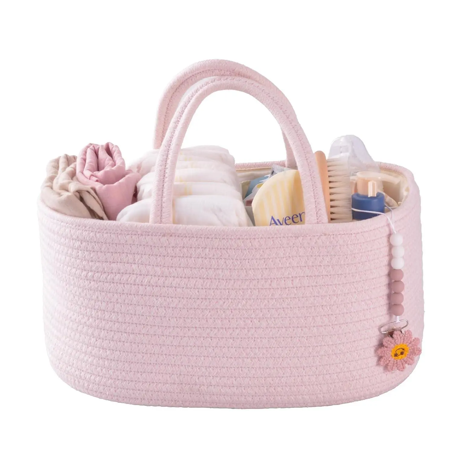 Pink Cotton Rope Baby Diaper Caddy Organizer - Basket Shape, Solid Colors, Tear Resistant, Unisex Use, Portable Handle, Removable Dividers, Safe Material, Nursery Storage Bin for Changing Table, Newborn Essentials Baby Shower Gift