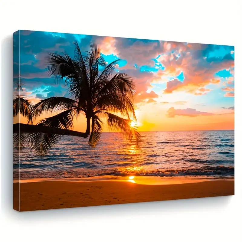 Framed 2D, beach wall art, tropical palm tree wall painting, sunset coastal scenery beach picture, living room wall decoration, canvas ocean seascape poster, bathroom nature painting, bedroom office home decor Artwork Gifts
