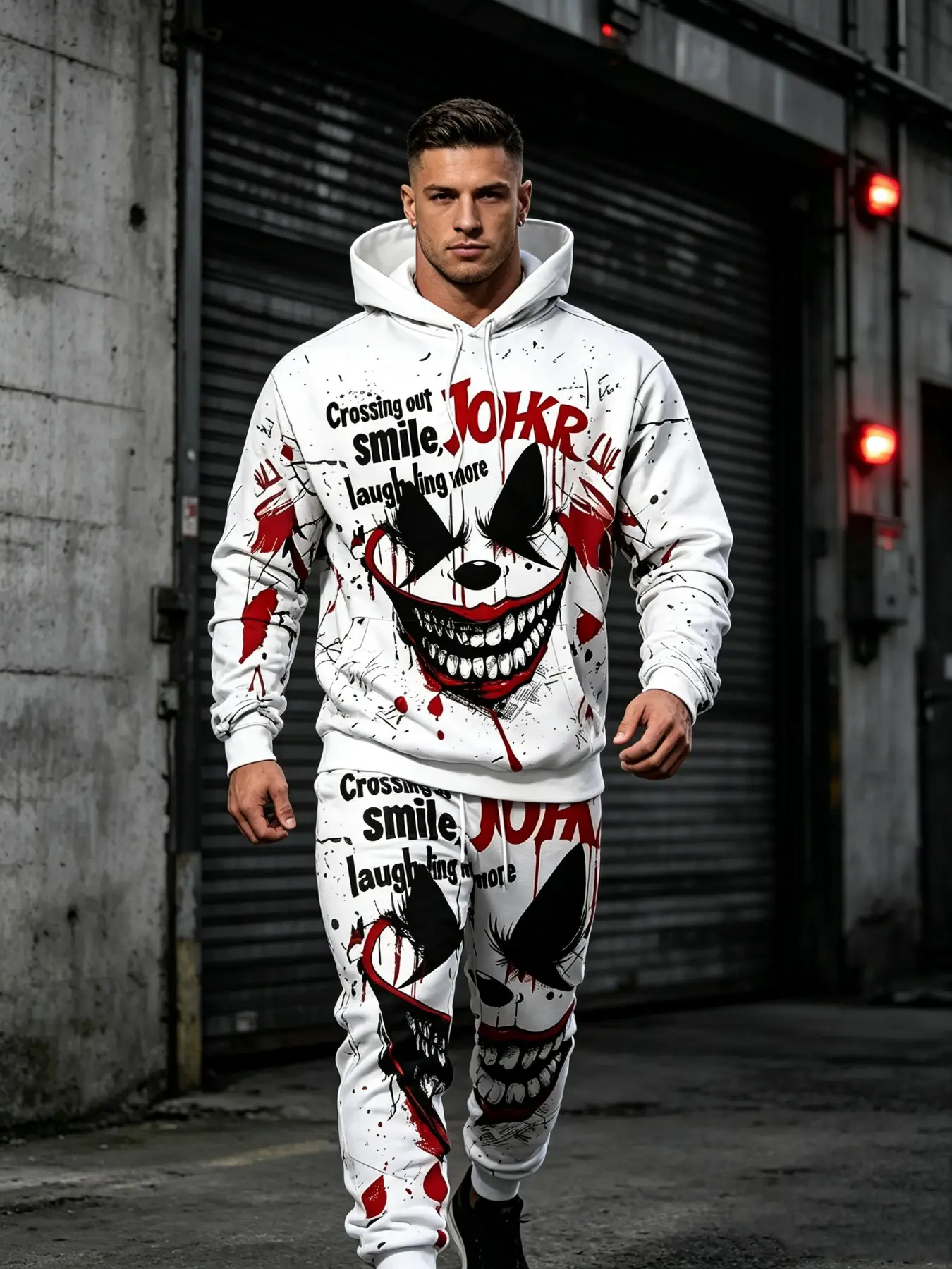 Men's Fall Winter Dark Punk Joker Print Set, Hooded Sweatshirt + Ankle Pants, Streetwear Style, Bold Design