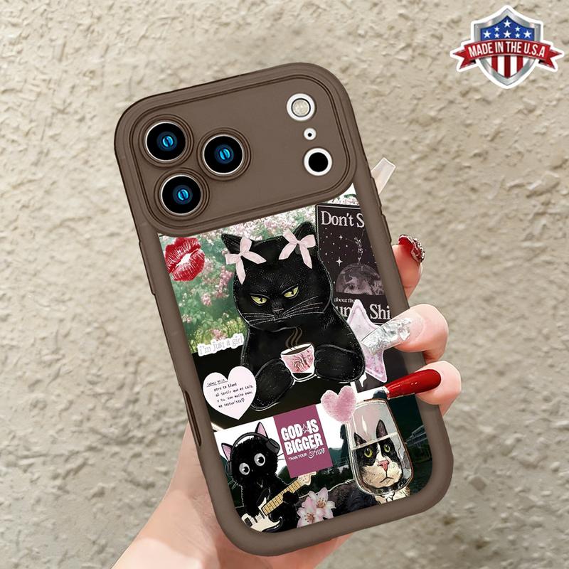 Cute Funny Black Cat Aesthetic Collage Pattern Case for iPhone 17 Pro Max 16 15 14 13 12 11 XR XS Plus Air Slim Shockproof Anti Drop Protective Lightweight TPU Cover