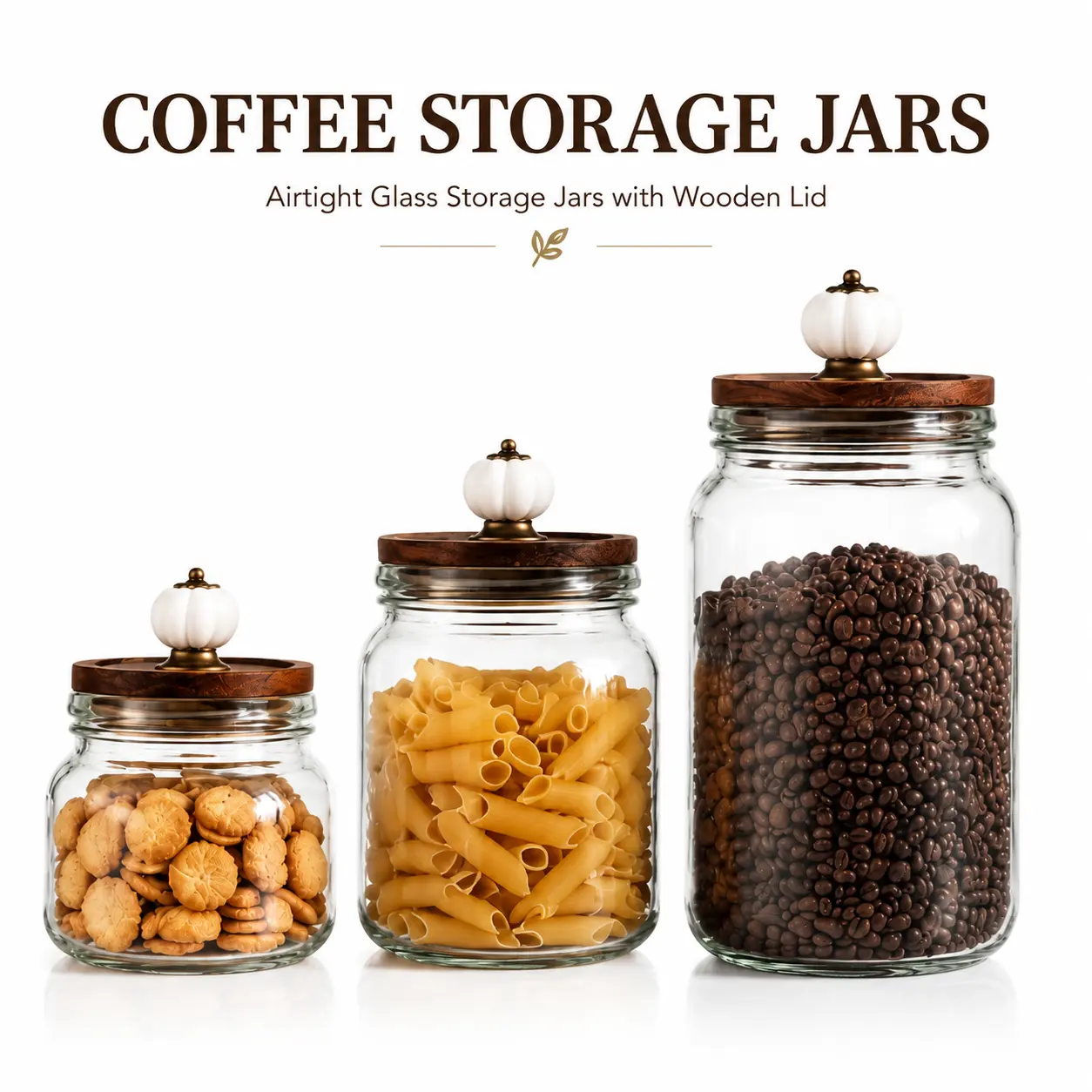 ONESHOW HOME Square Glass Jar, Airtight Wooden Lid with Pumpkin-Shaped Handle | Coffee bean storage, pasta container, cookie holder, snack keeper, tea organizer, sugar canister, wide-mouth pantry organizer homeessentials