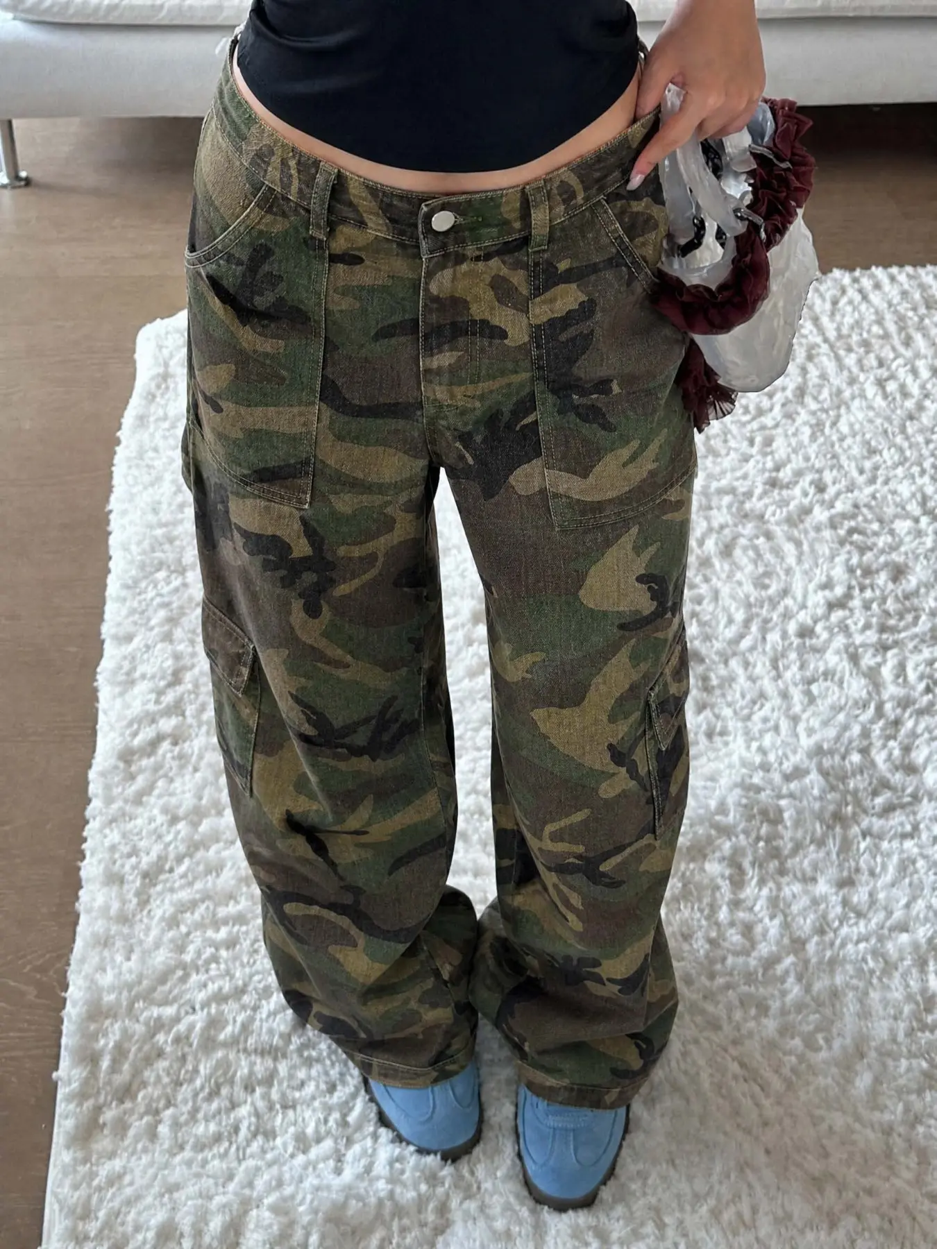 Women's Mid-Waist Straight Leg Camouflage Workwear Jeans, Versatile Long Pants for All Body Types, Flattering Fit Denim Bottoms