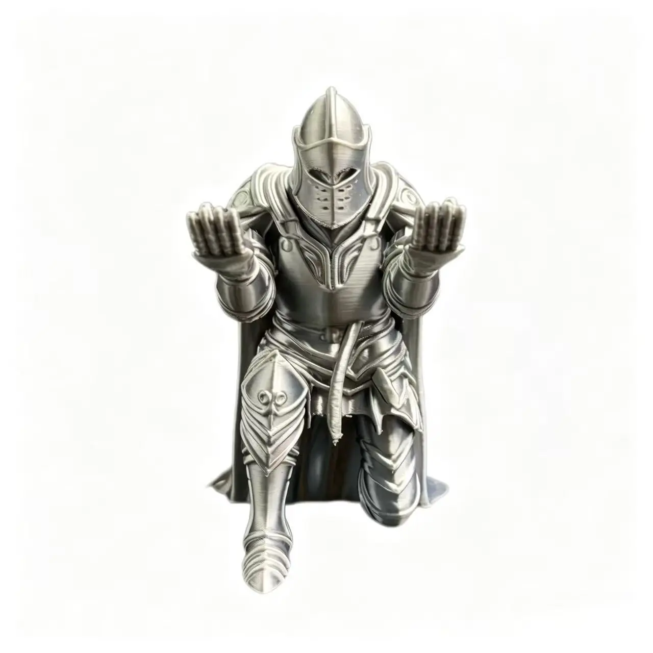 3D Printed Kneeling Knight Pen Holder, Silver Armor Knight Figurine Statue, Desktop Decor Ornament, Creative Desktop GiftA